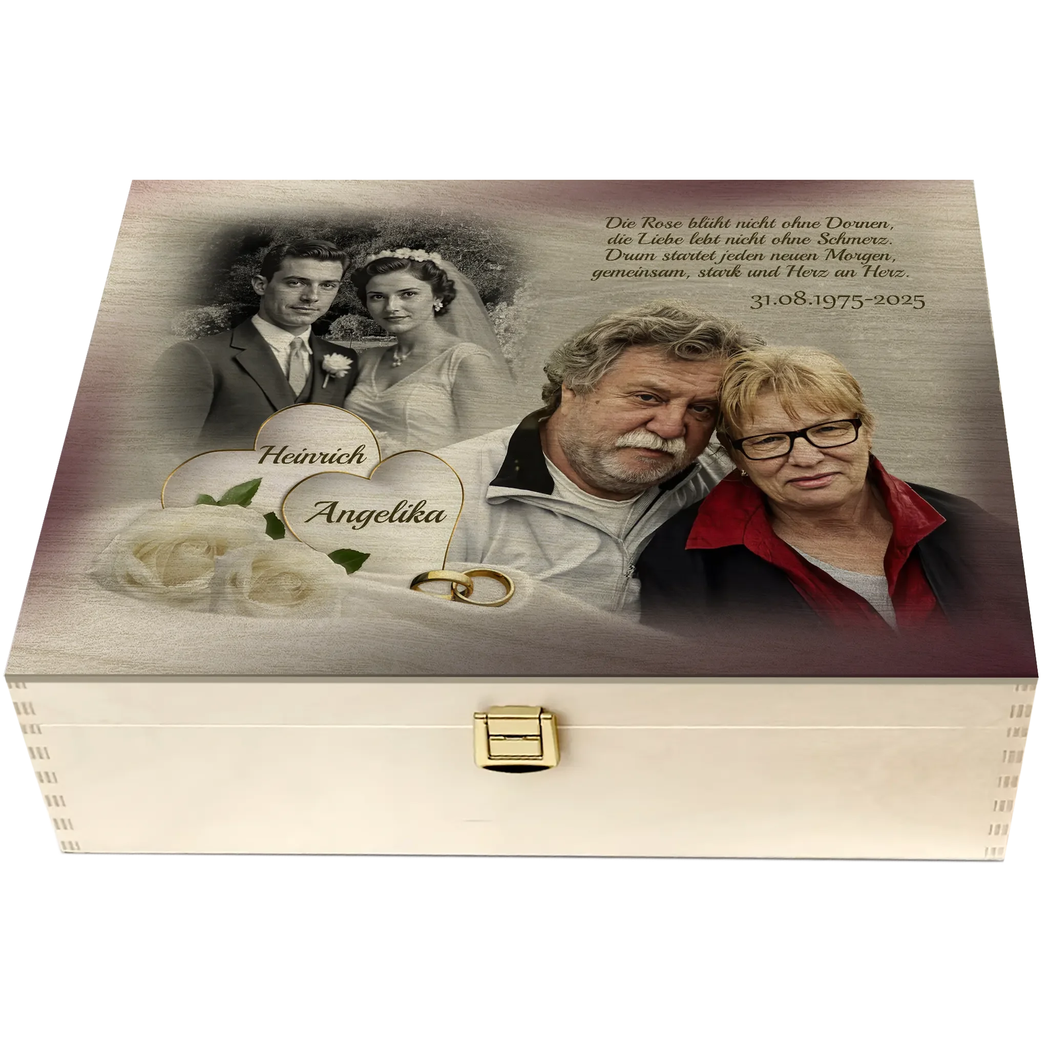 Personalisierte Holzbox zur Rubinhochzeit mit Hochzeits- und aktuellen Paarfotos, Namen, Rosen und Eheringen.
