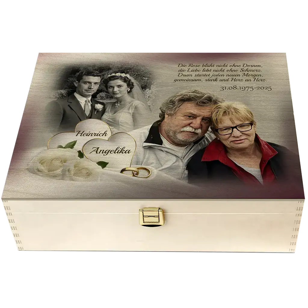 Personalisierte Holzbox zur Rubinhochzeit mit Hochzeits- und aktuellen Paarfotos, Namen, Rosen und Eheringen.