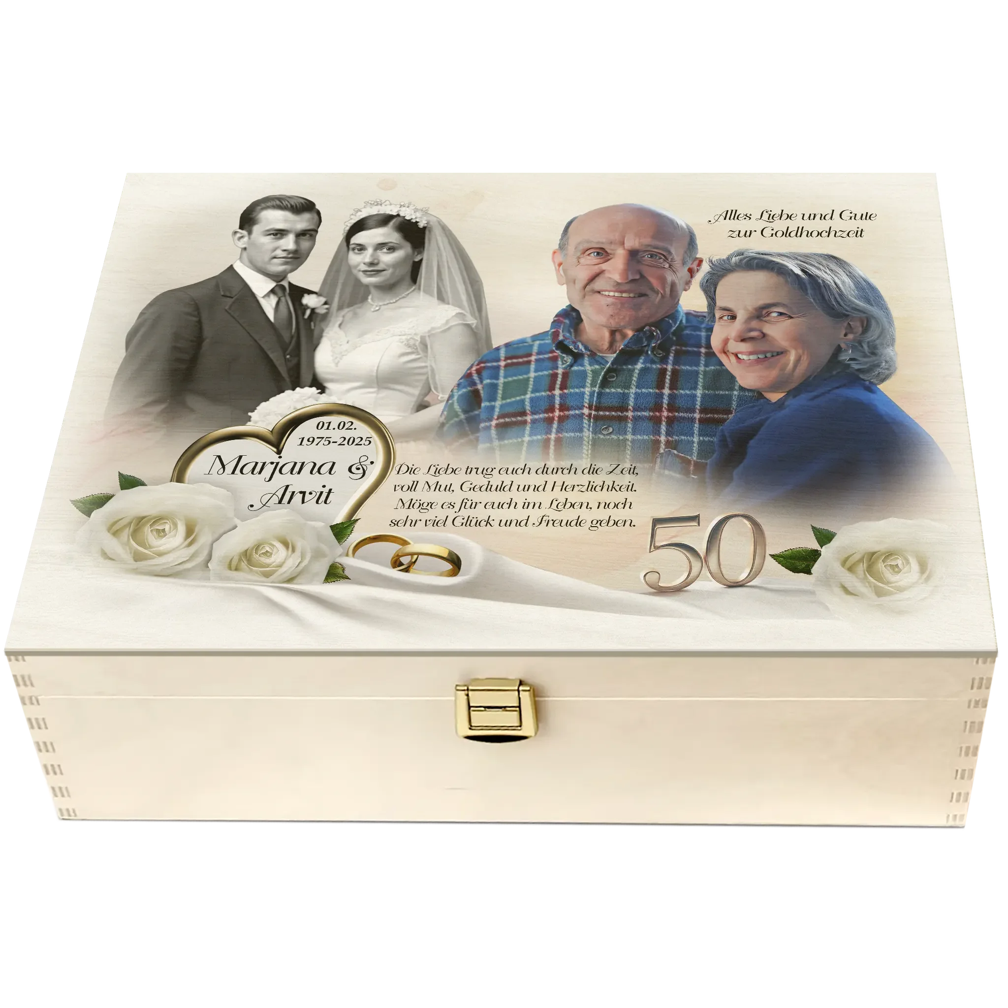 Personalisierte Holzbox zur Goldenen Hochzeit mit Hochzeitsfotos, weißen Rosen und Gravur