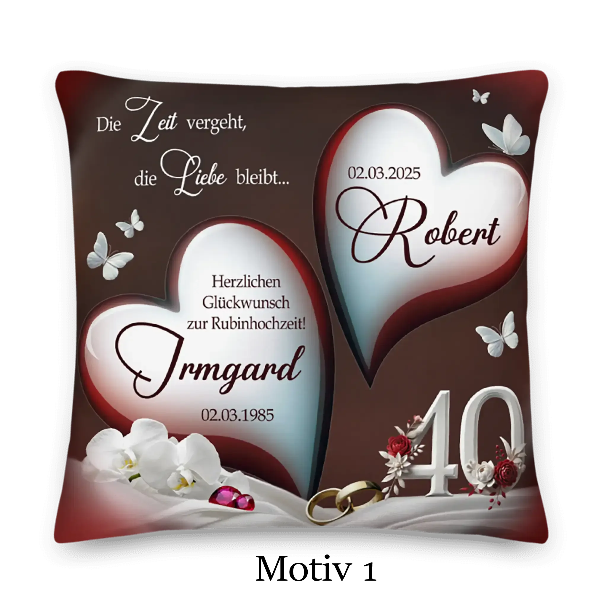 Rubinhochzeit Kissen mit zwei Herzen, Blumen, Schmetterlingen und Zahl 40 als Motiv