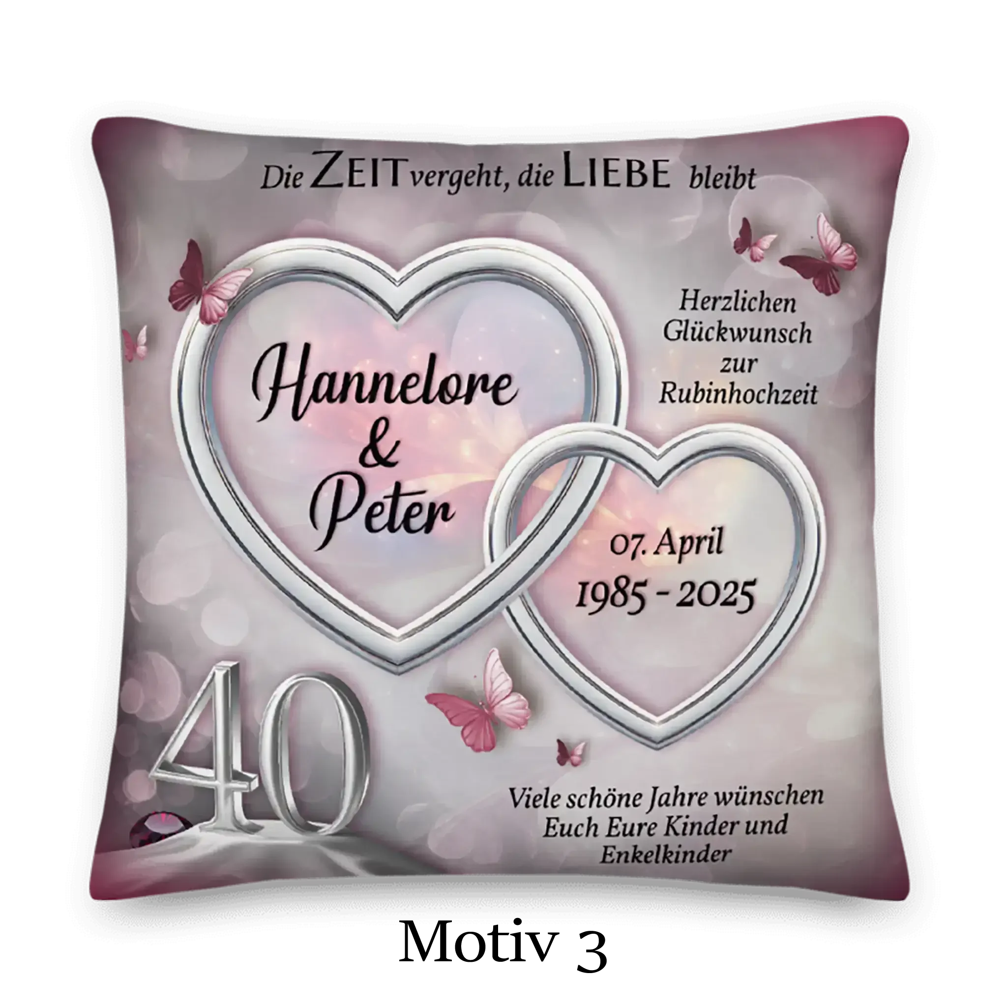 Rubinhochzeit Kissen mit Herzen, Schmetterlingen und personalisiertem Jubiläum 40 Jahre