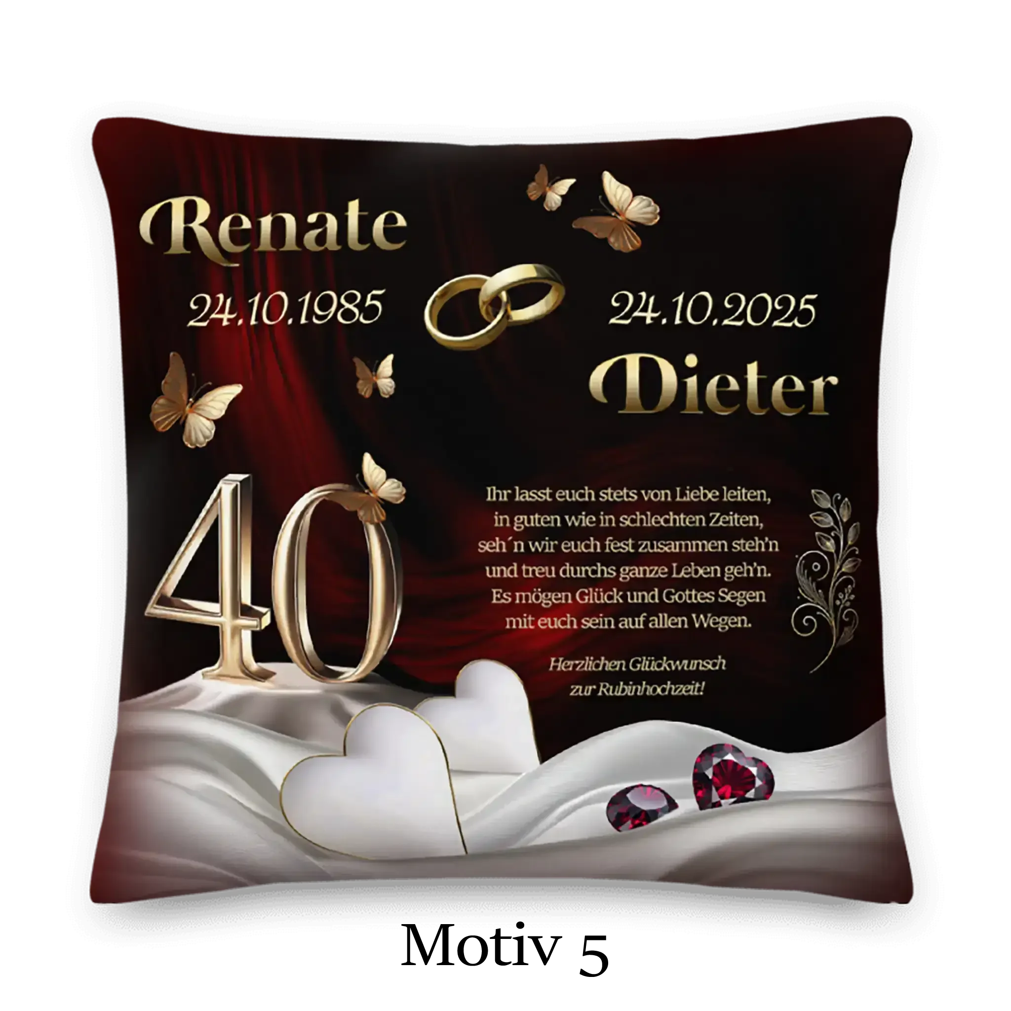 Kissenmotiv zur Rubinhochzeit mit goldenen Ringen, Herzen, Schmetterlingen und Jubiläumszahl 40
