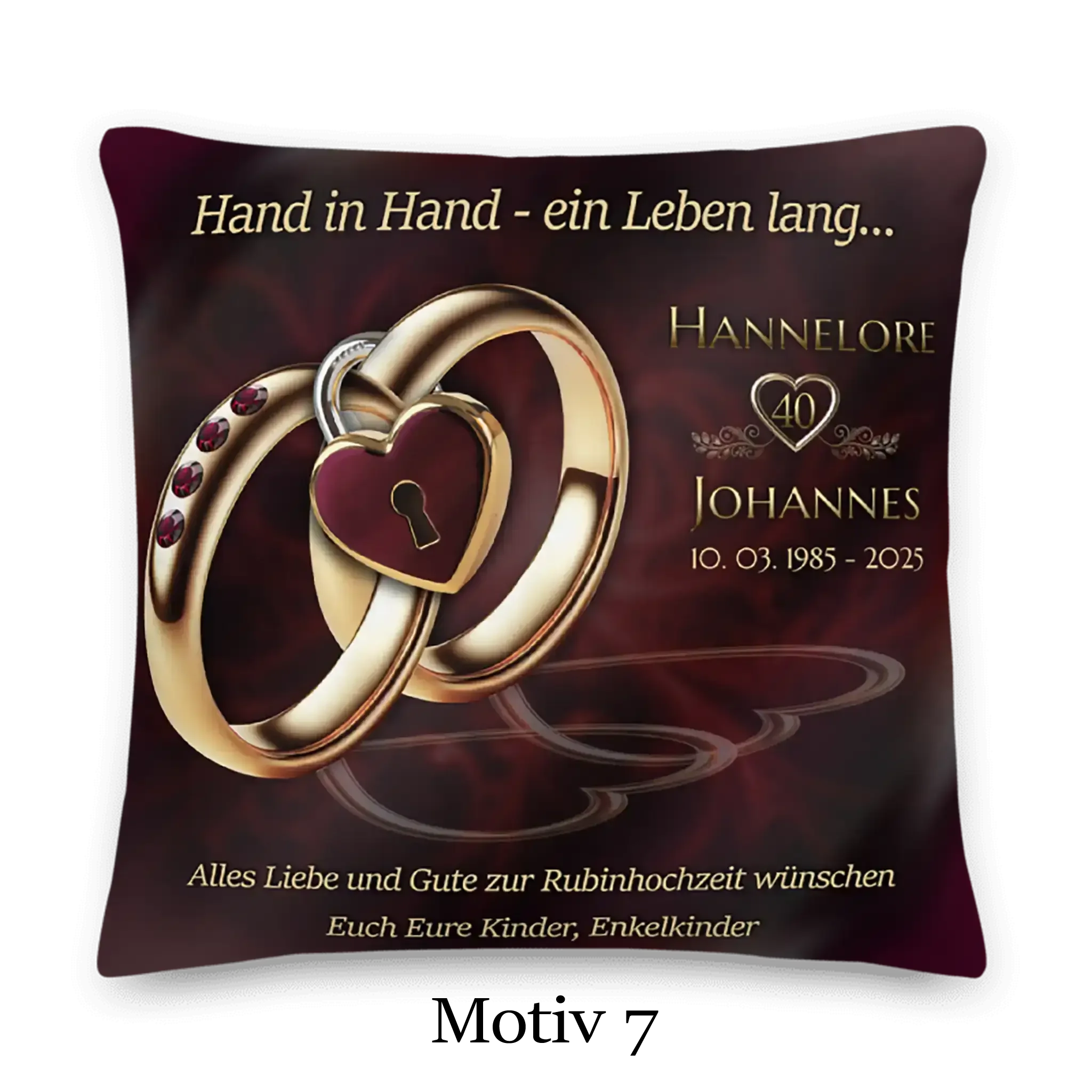 Rubinhochzeit Kissen mit goldenen Ringen, Herz und Jubiläumsdatum, personalisiert