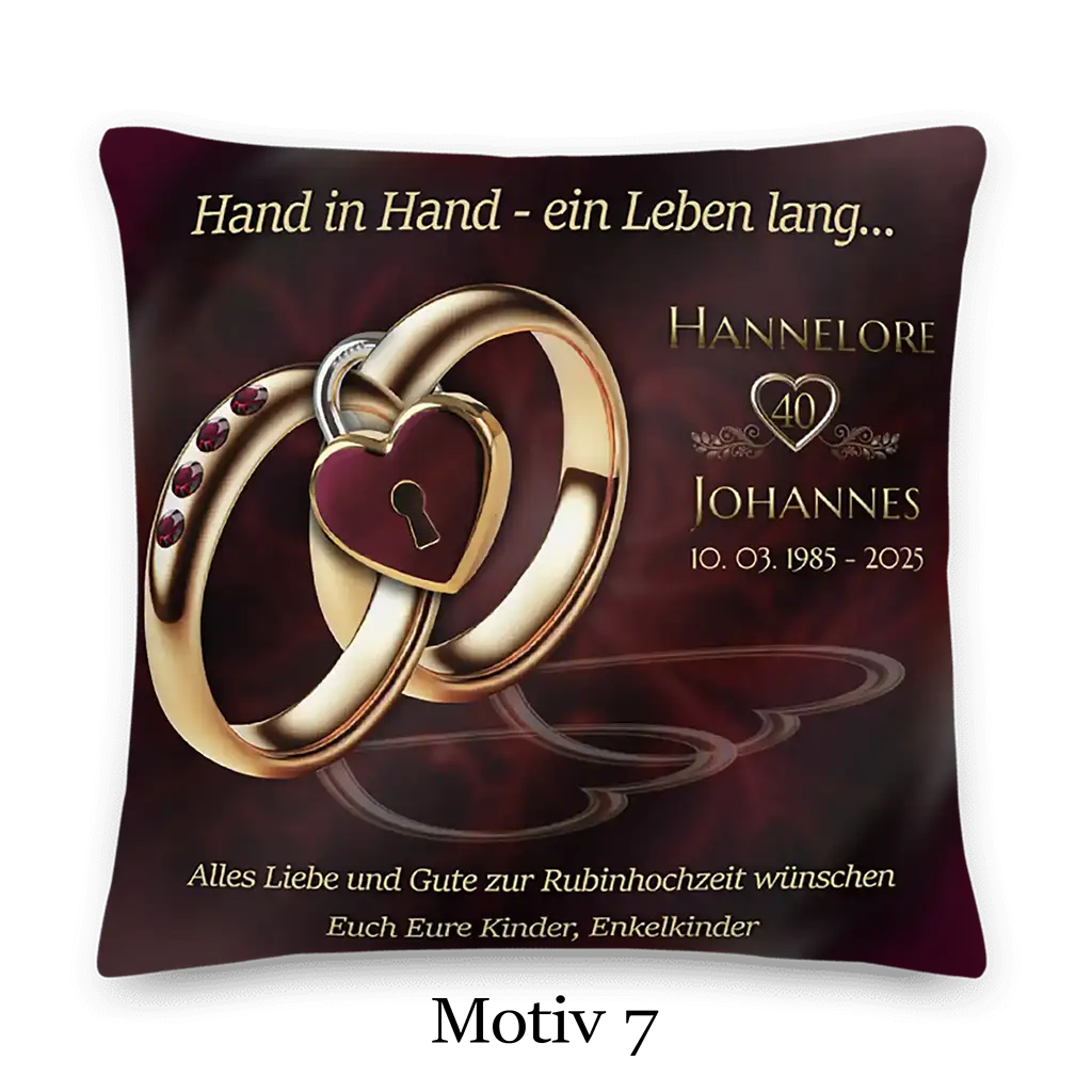 Rubinhochzeit Kissen mit goldenen Ringen, Herz und Jubiläumsdatum, personalisiert
