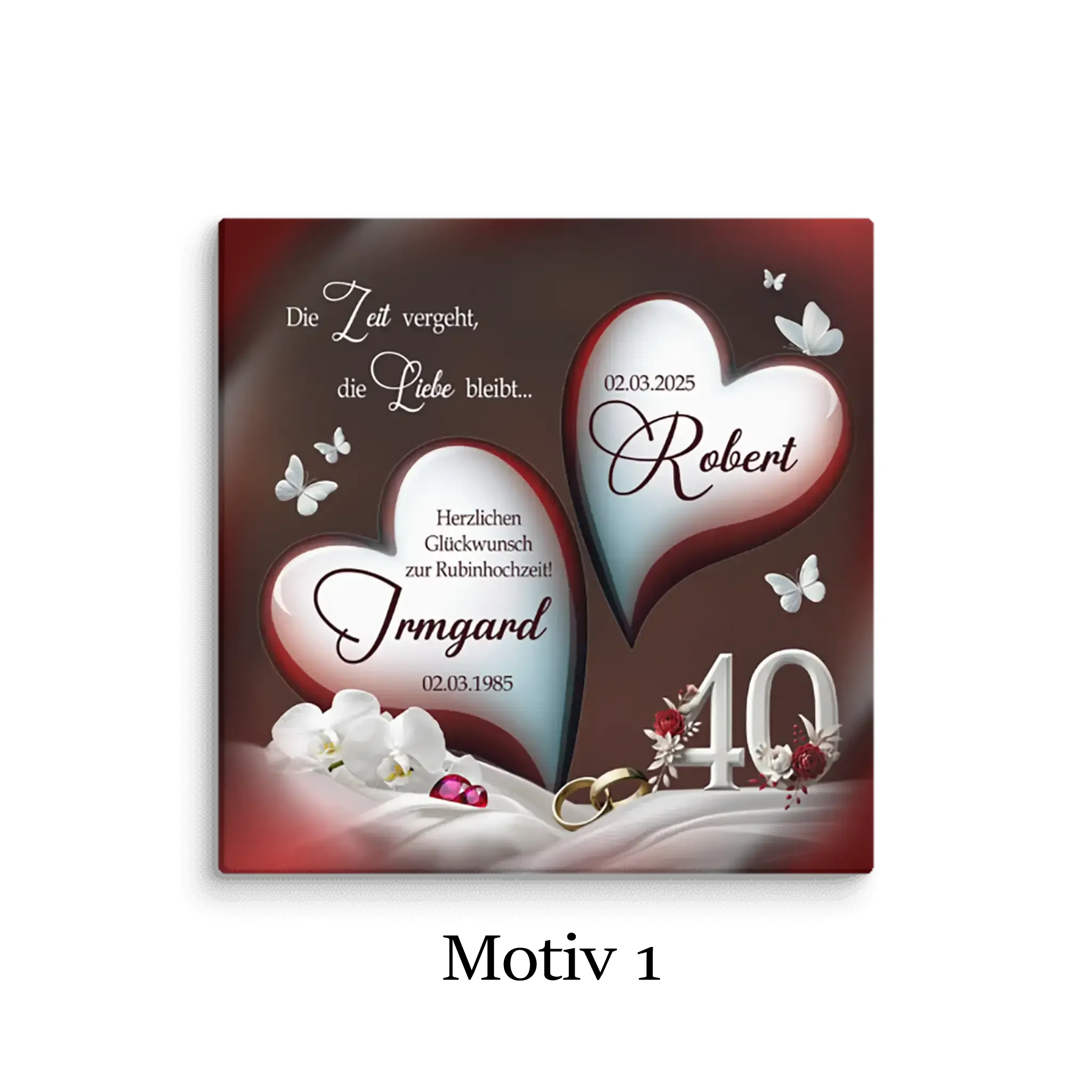 Rubinhochzeit Leinwand mit zwei Herzen, Blumen, Schmetterlingen und goldenen Ringen, Zahl 40