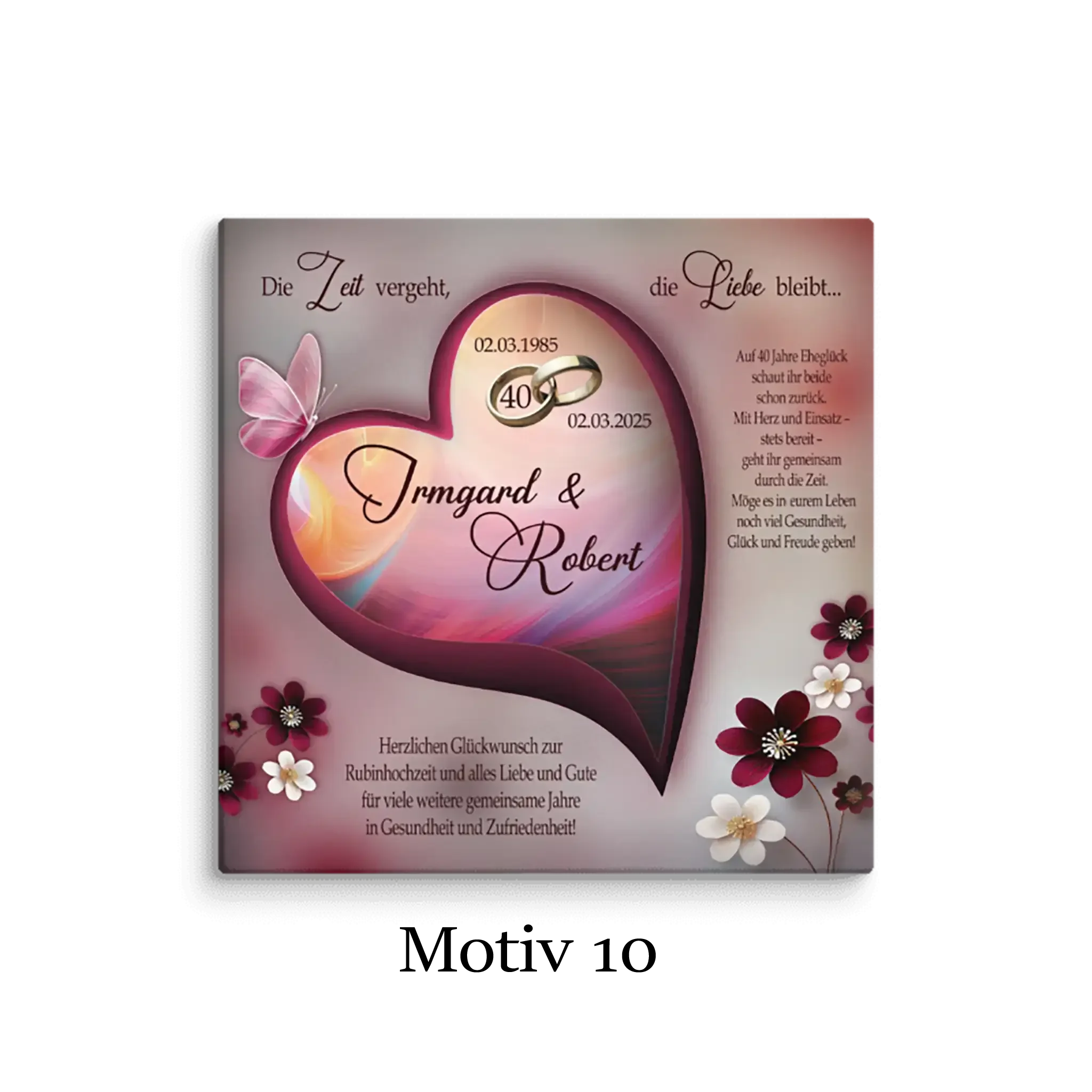 Leinwand zur Rubinhochzeit mit Herzmotiv, Blumen, Eheringen und Schrift, Jubiläumsgeschenk