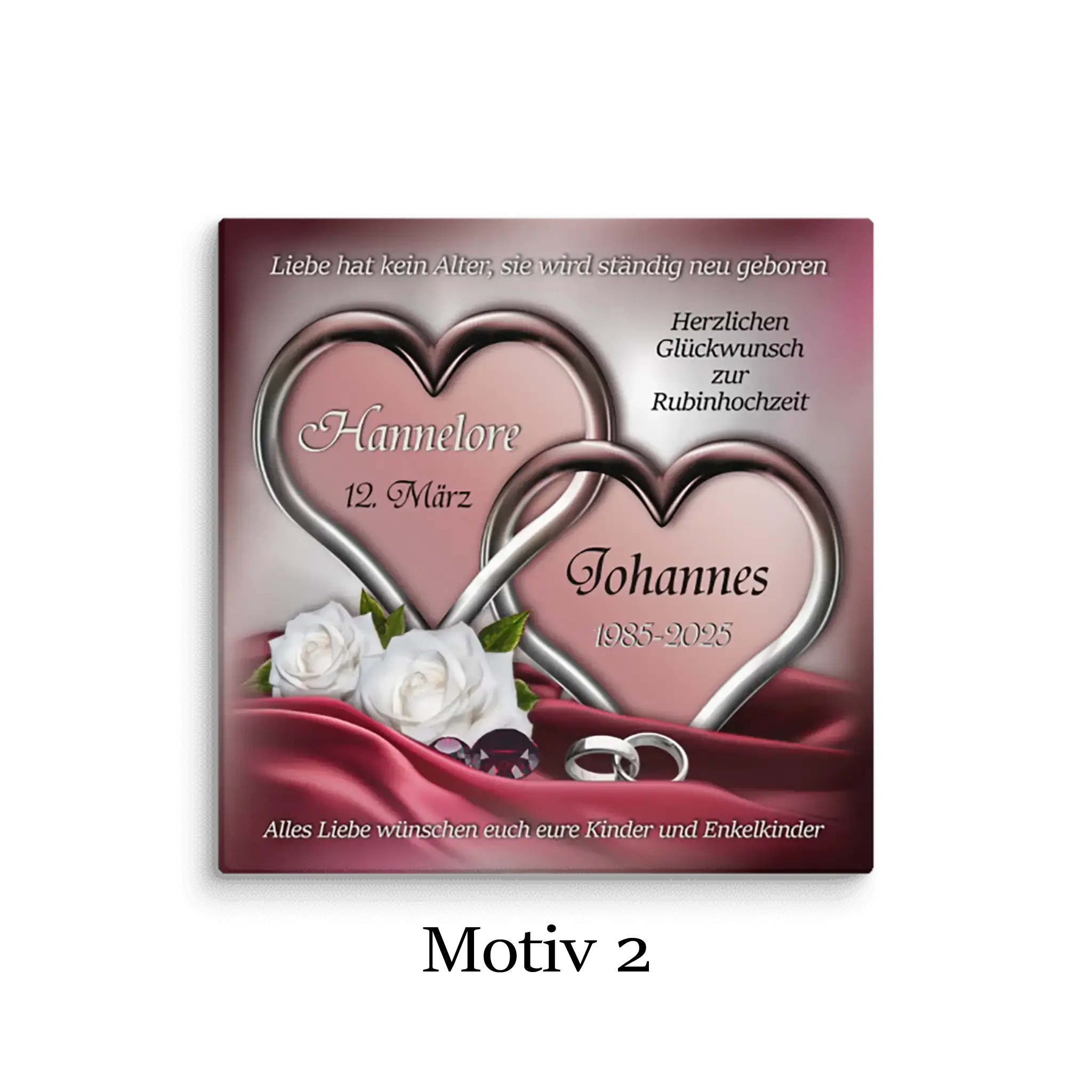 Rubinhochzeit Leinwand mit zwei Herzrahmen, weißen Rosen, Ringen und Satin, Motiv 2