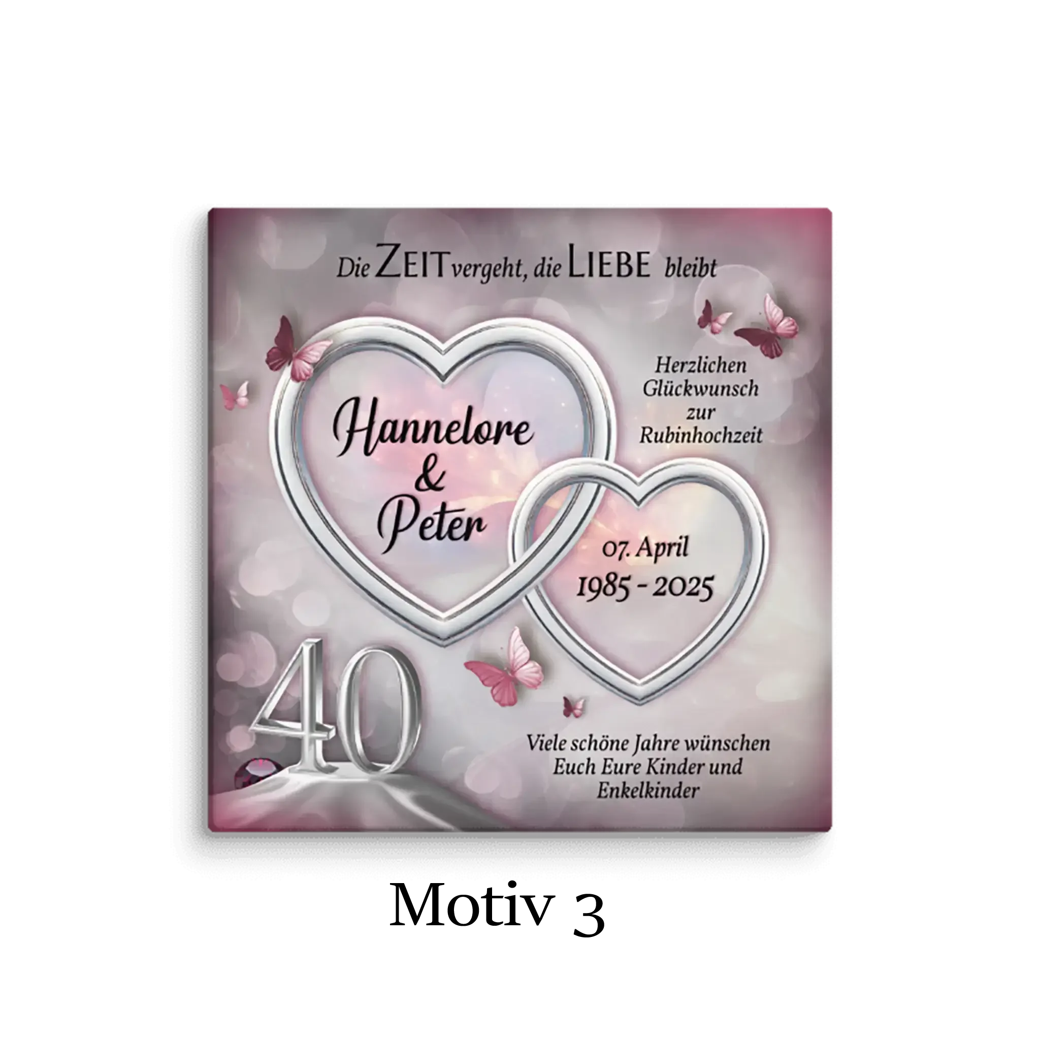 Leinwand zur Rubinhochzeit mit Herzen, Schmetterlingen und Jubiläumsdaten in Rosa-Silber