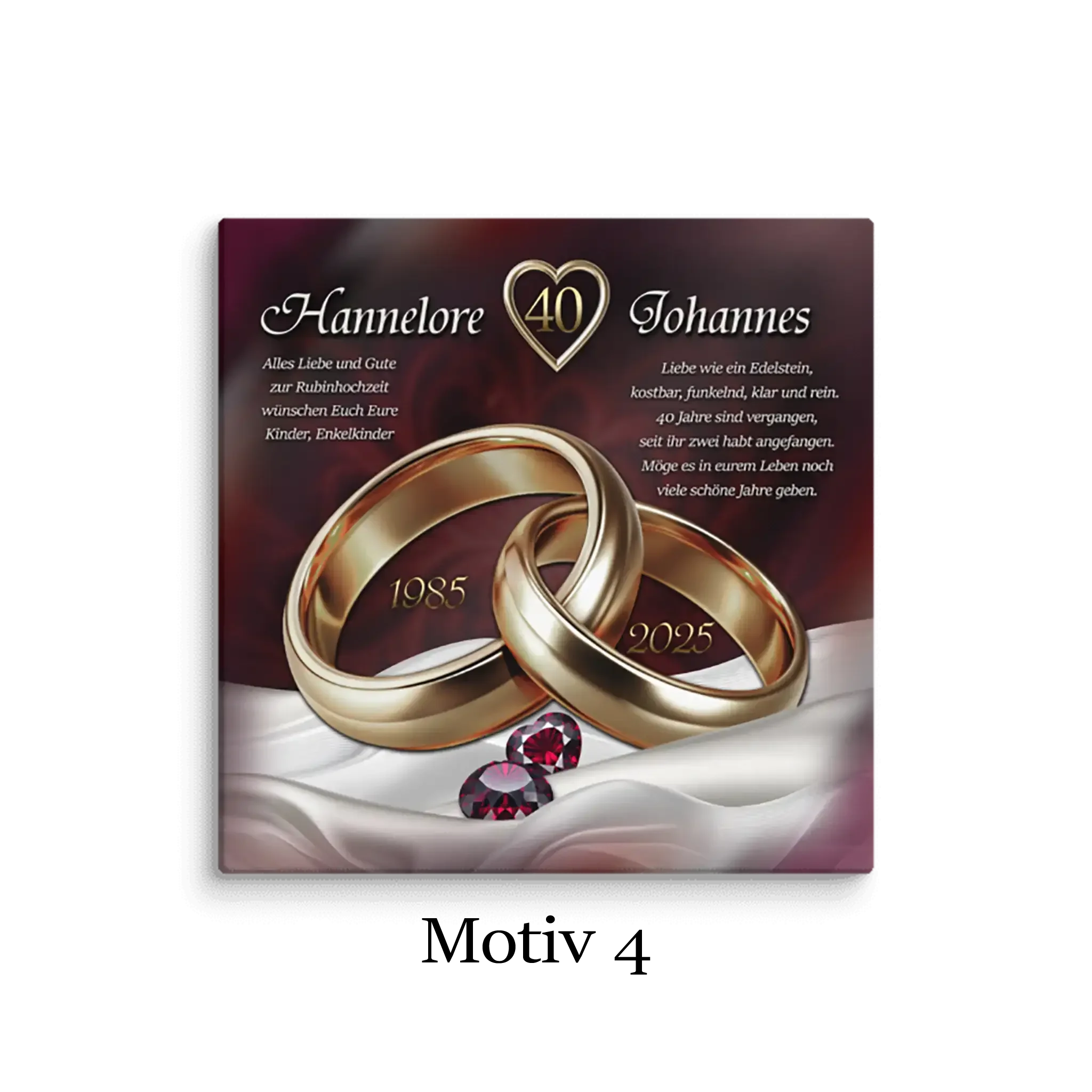 Leinwand zur Rubinhochzeit mit goldenen Ringen, Rubinen und Jubiläumsdaten 1985-2025