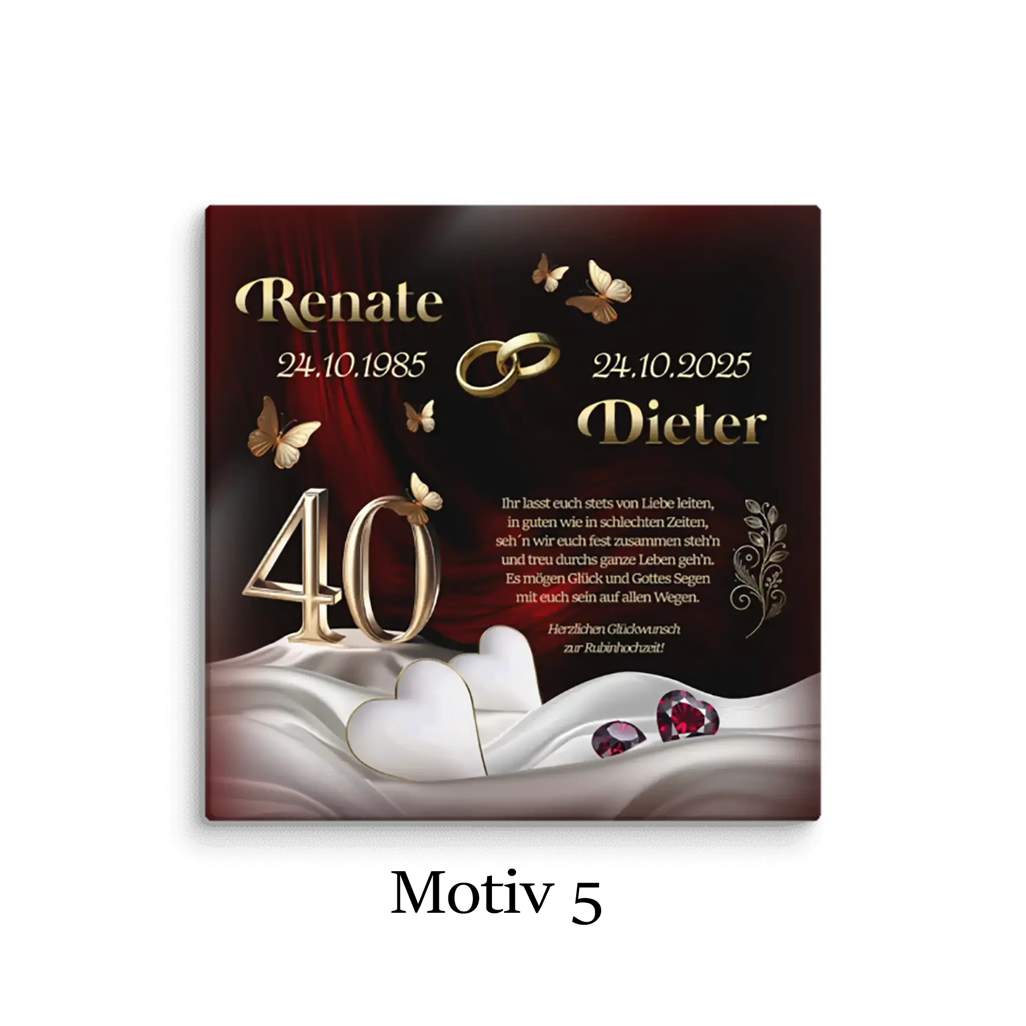 Leinwand zur Rubinhochzeit mit goldenen Ringen, Herzen, Schmetterlingen und Jubiläumszahl 40