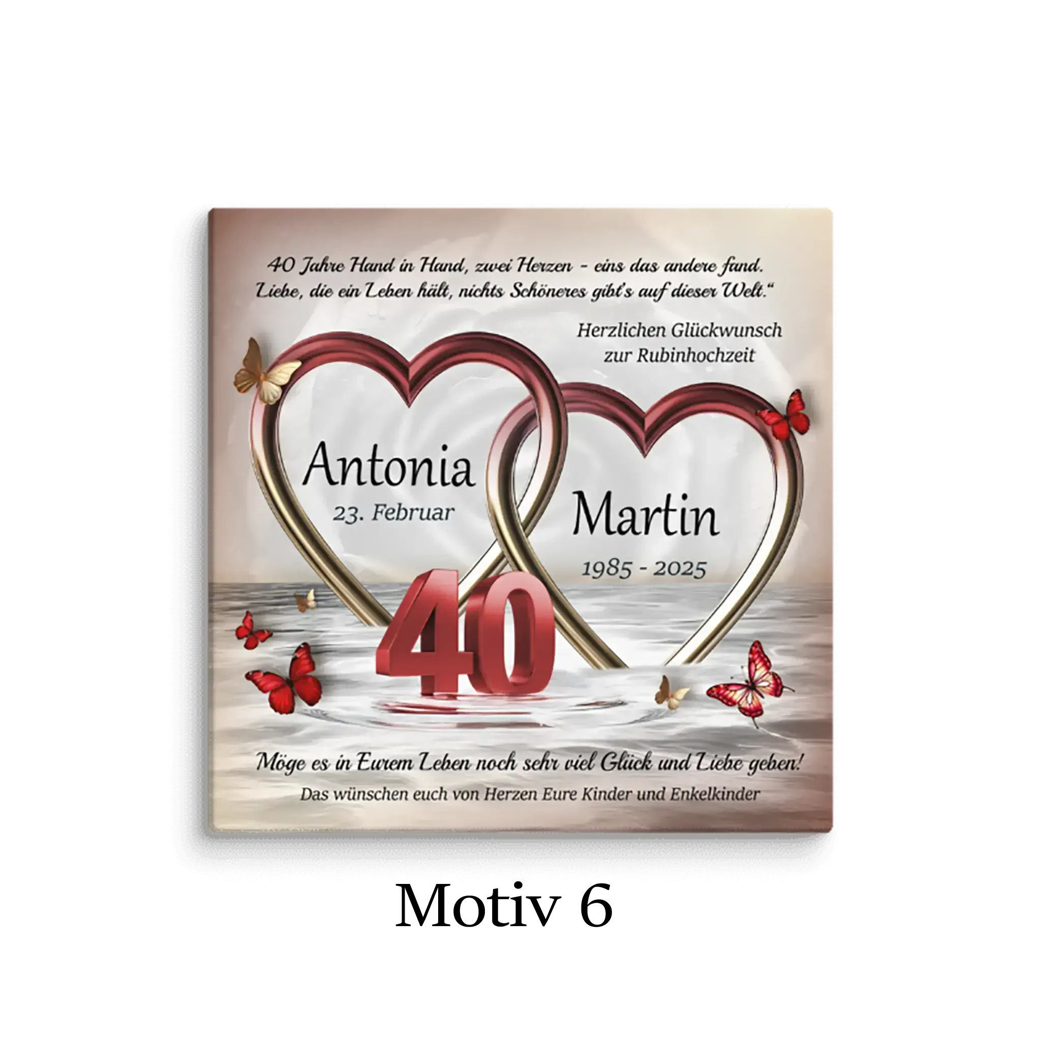 Rubinhochzeit Leinwand mit zwei gold-roten Herzen, Schmetterlingen und Jubiläumszahl 40