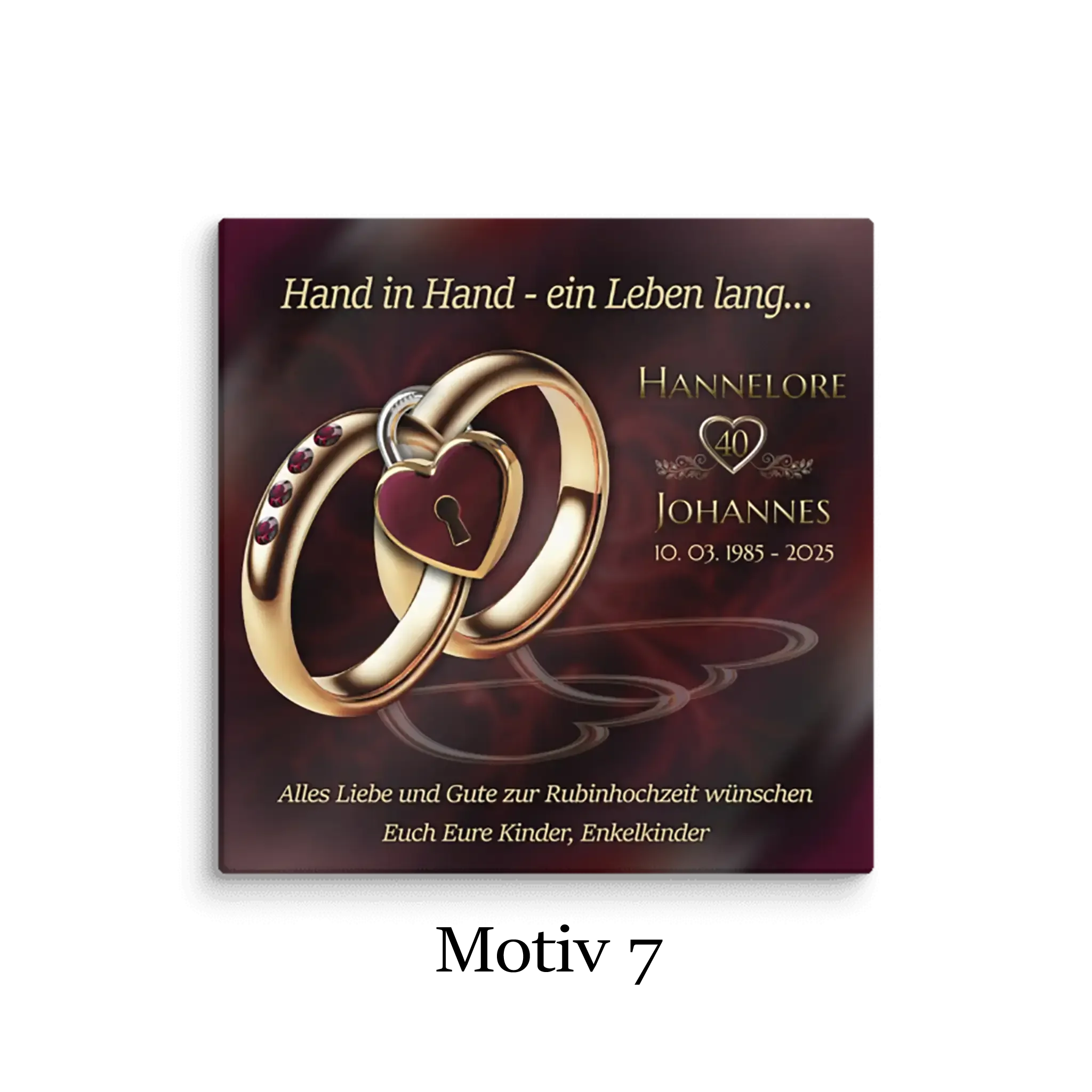Leinwand mit goldenen Eheringen, roten Rubinen, Herzanhänger, Rubinhochzeit Motiv, Personalisierung