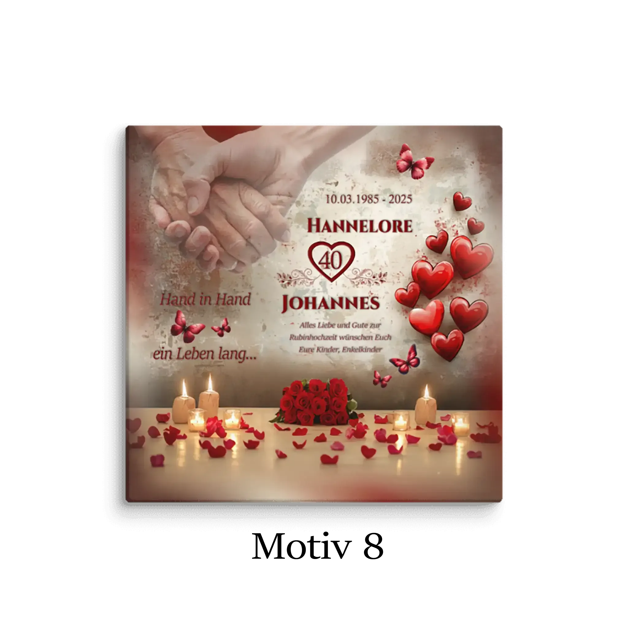 Rubinhochzeit Leinwand mit Händchen haltendem Paar, roten Herzen, Kerzen und Rosenblättern