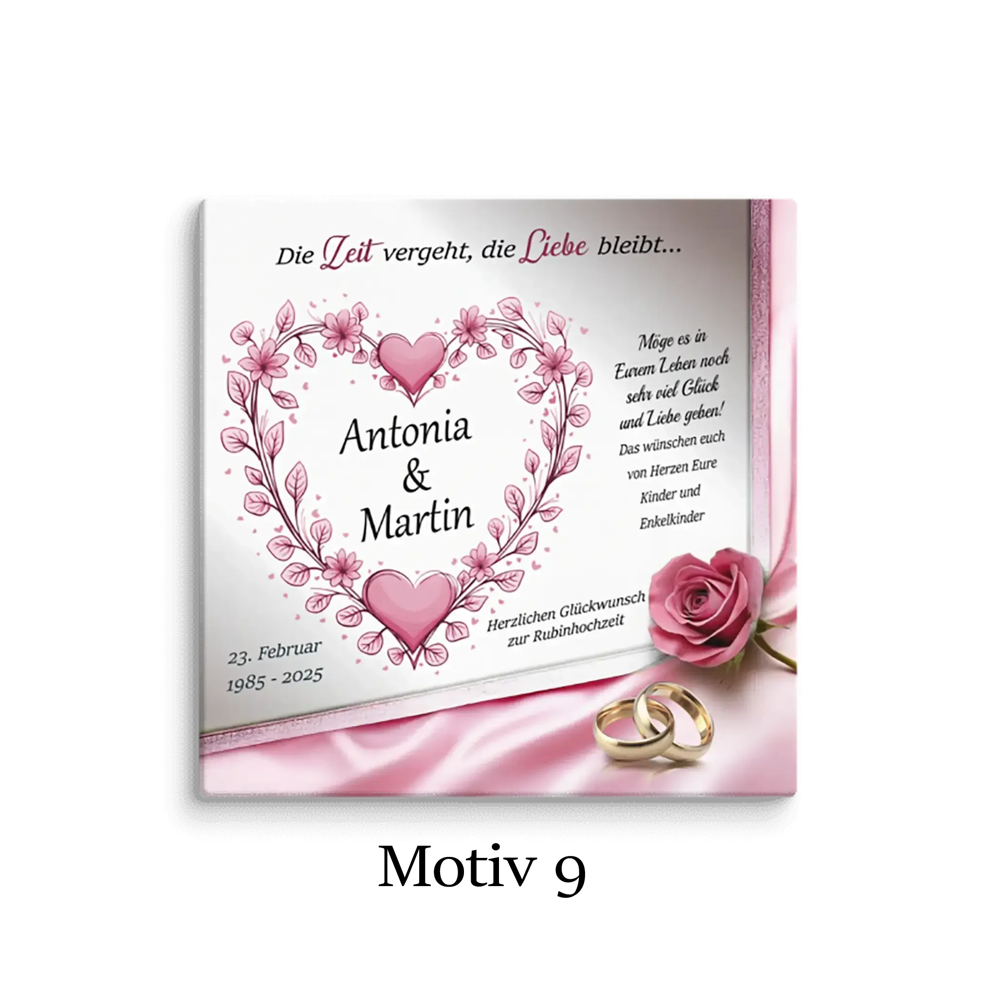 Rubinhochzeit Leinwand Motiv 9 mit Herz, Blümchen, Rosen und Eheringen auf pinkem Hintergrund