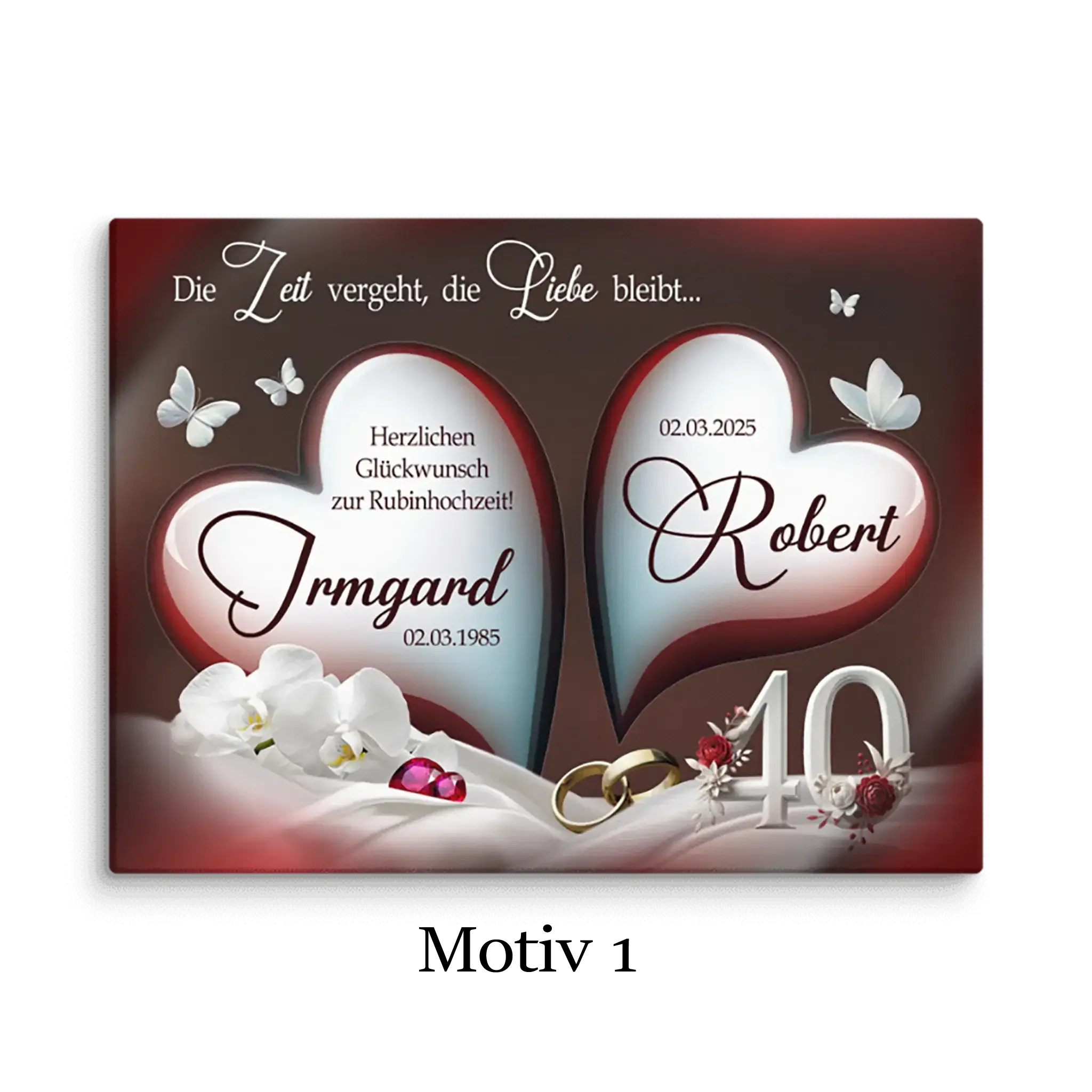 Leinwand zur Rubinhochzeit mit zwei Herzen, Ringen, Orchideen, 40 und Schmetterlingen