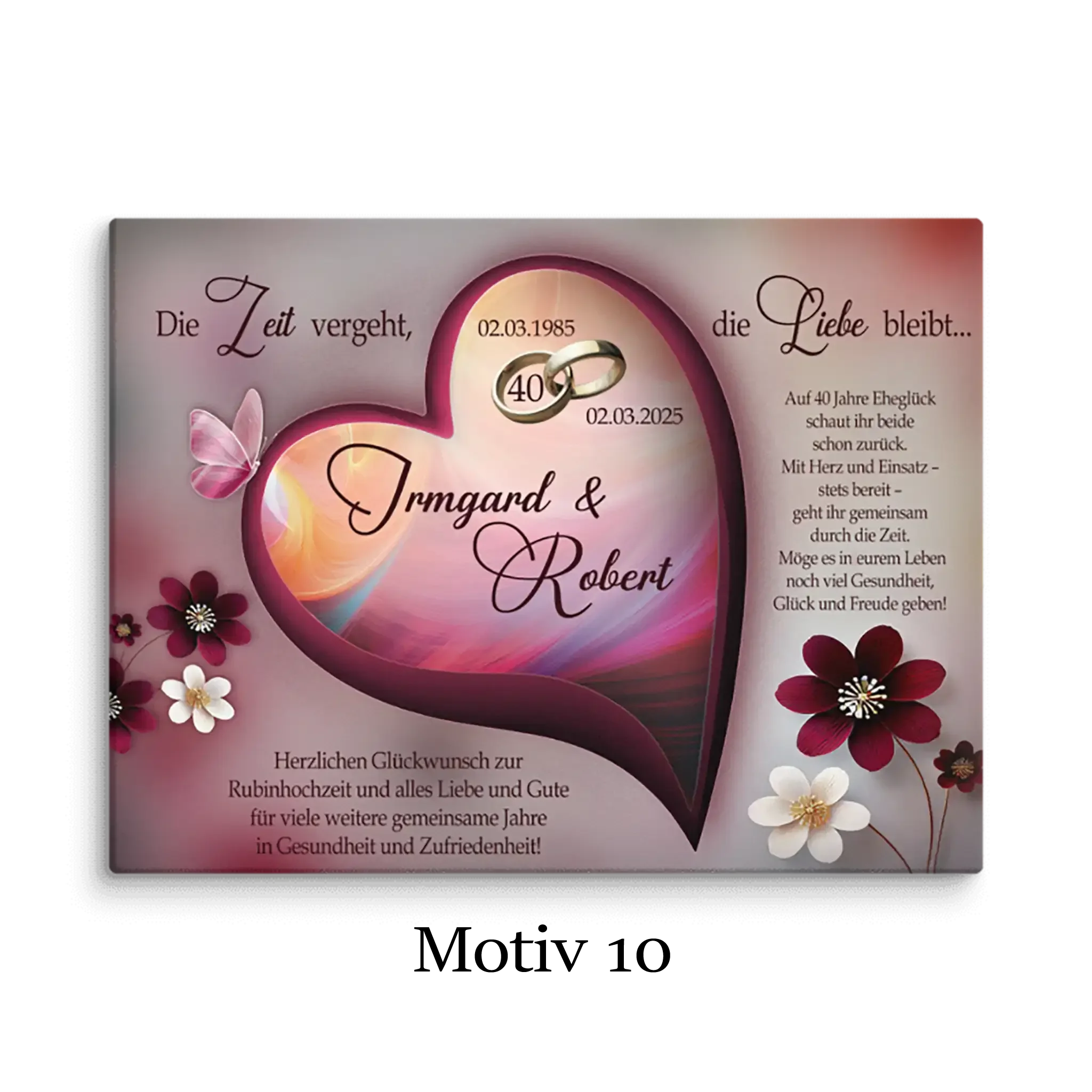 Leinwand zur Rubinhochzeit mit herzförmigem Design, Blumen, Schmetterling und Jubiläumstext