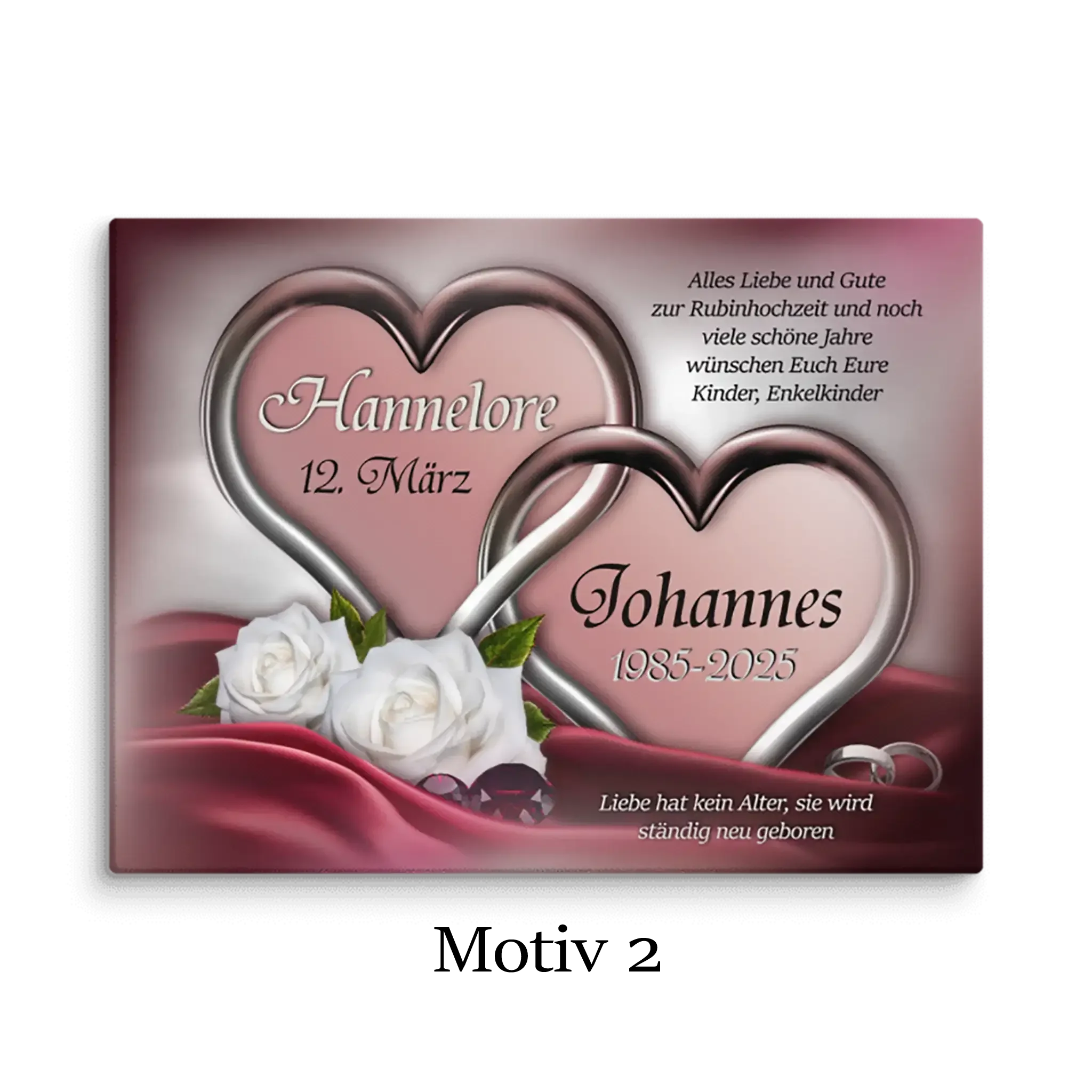 Leinwand zur Rubinhochzeit mit zwei silbernen Herzen, weißen Rosen und personalisiertem Text
