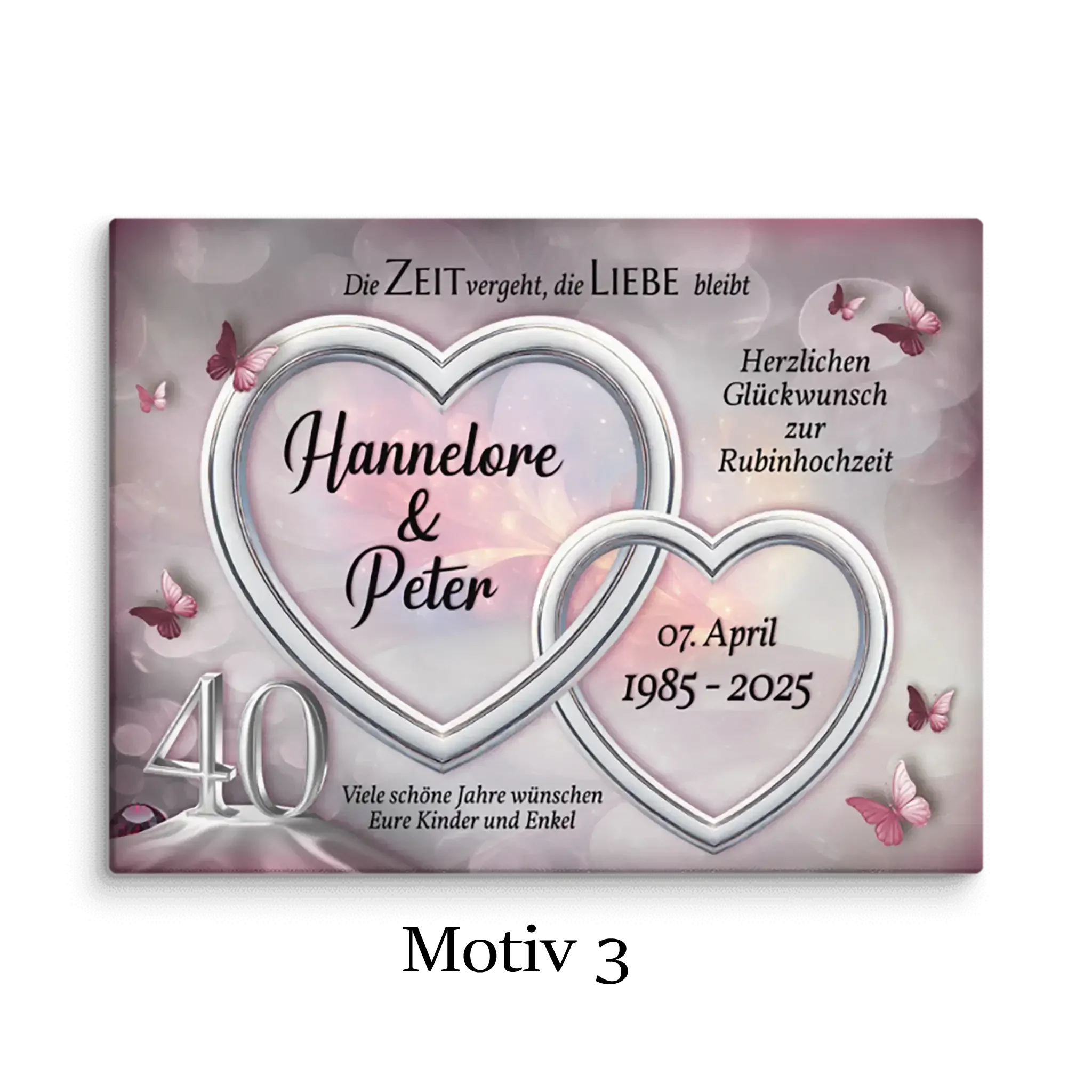 Leinwand zur Rubinhochzeit mit Herzen, rosa Schmetterlingen und Jubiläumsdaten, Motiv 3