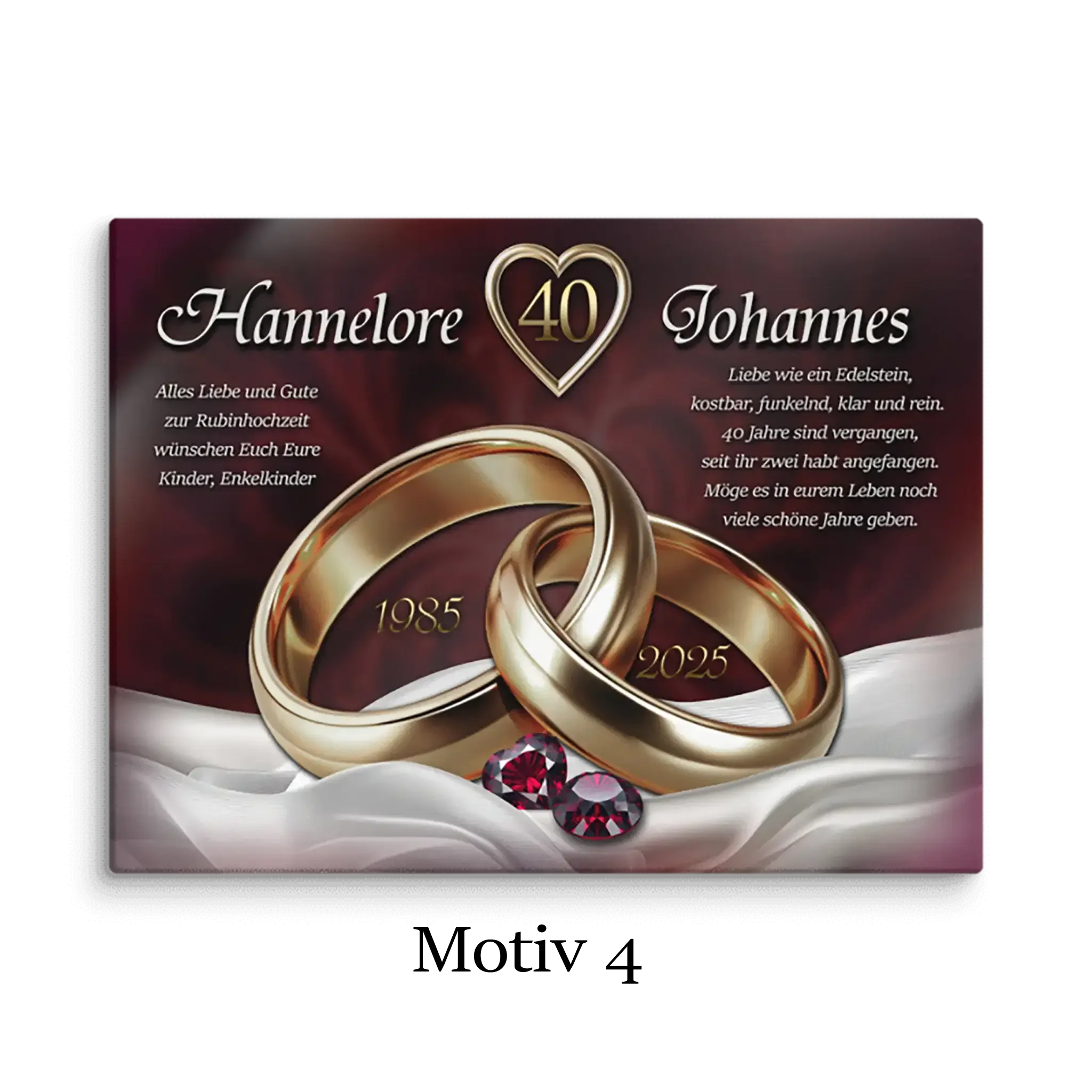 Rubinhochzeit Leinwand mit goldenen Ringen, Rubinsteinen und Jubiläumszahlen 1985-2025