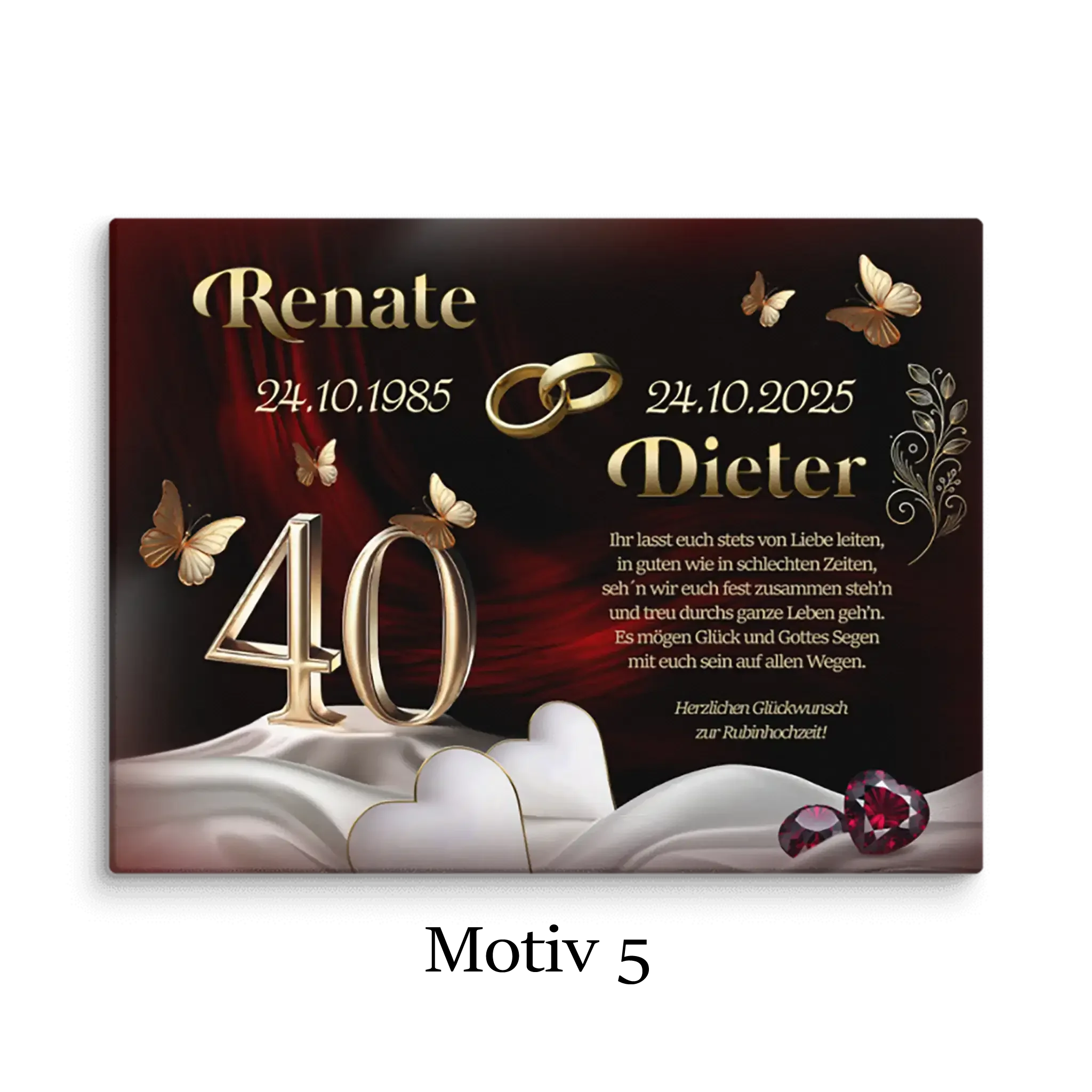 Rubinhochzeit Leinwand Motiv mit goldenen Ringen, Schmetterlingen und Jubiläumszahlen 40.