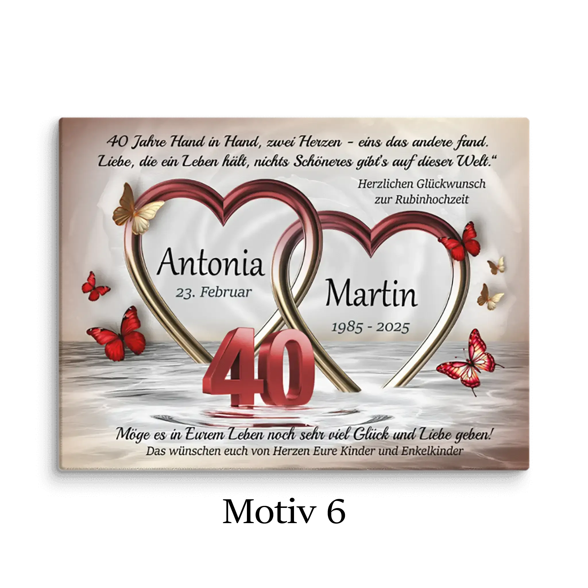 Leinwand zur Rubinhochzeit mit zwei verschlungenen Herzen, Schmetterlingen und Zahl 40