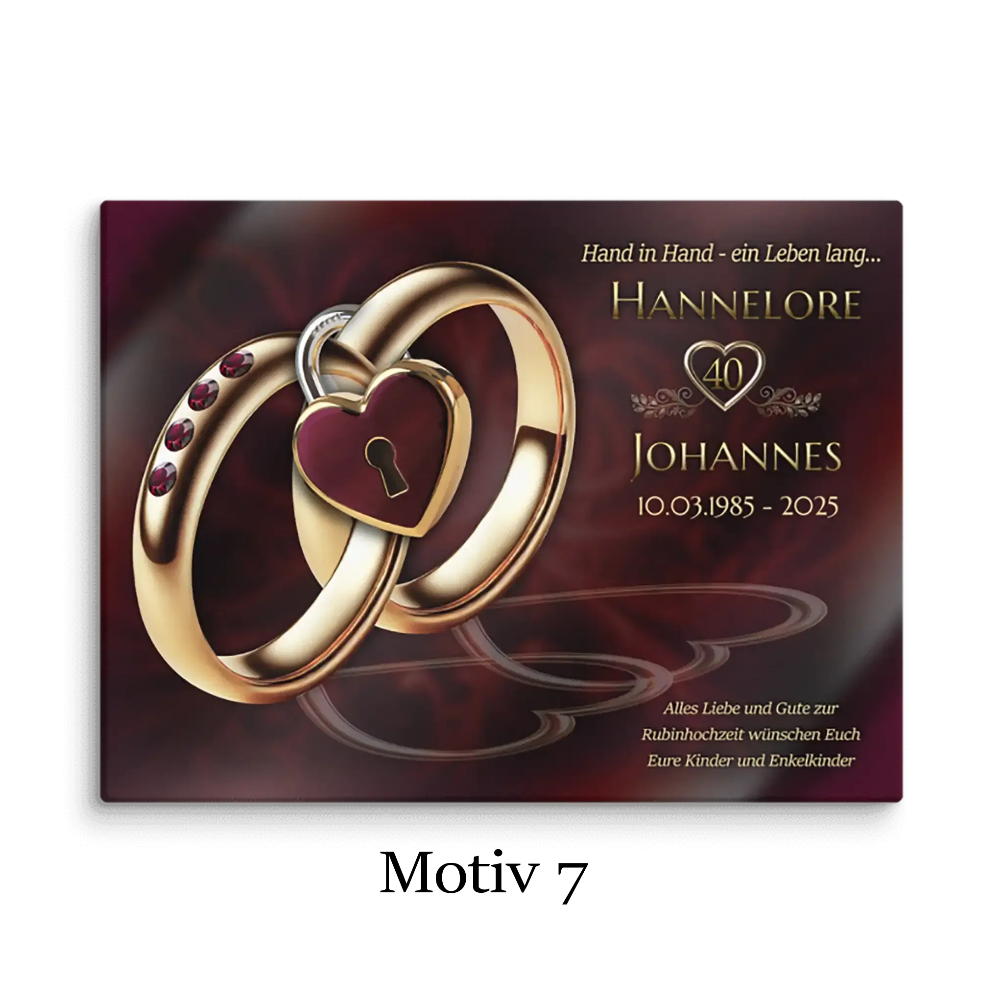 Leinwand Rubinhochzeit mit goldenen Ringen, Herzschloss und Namen Hannelore und Johannes