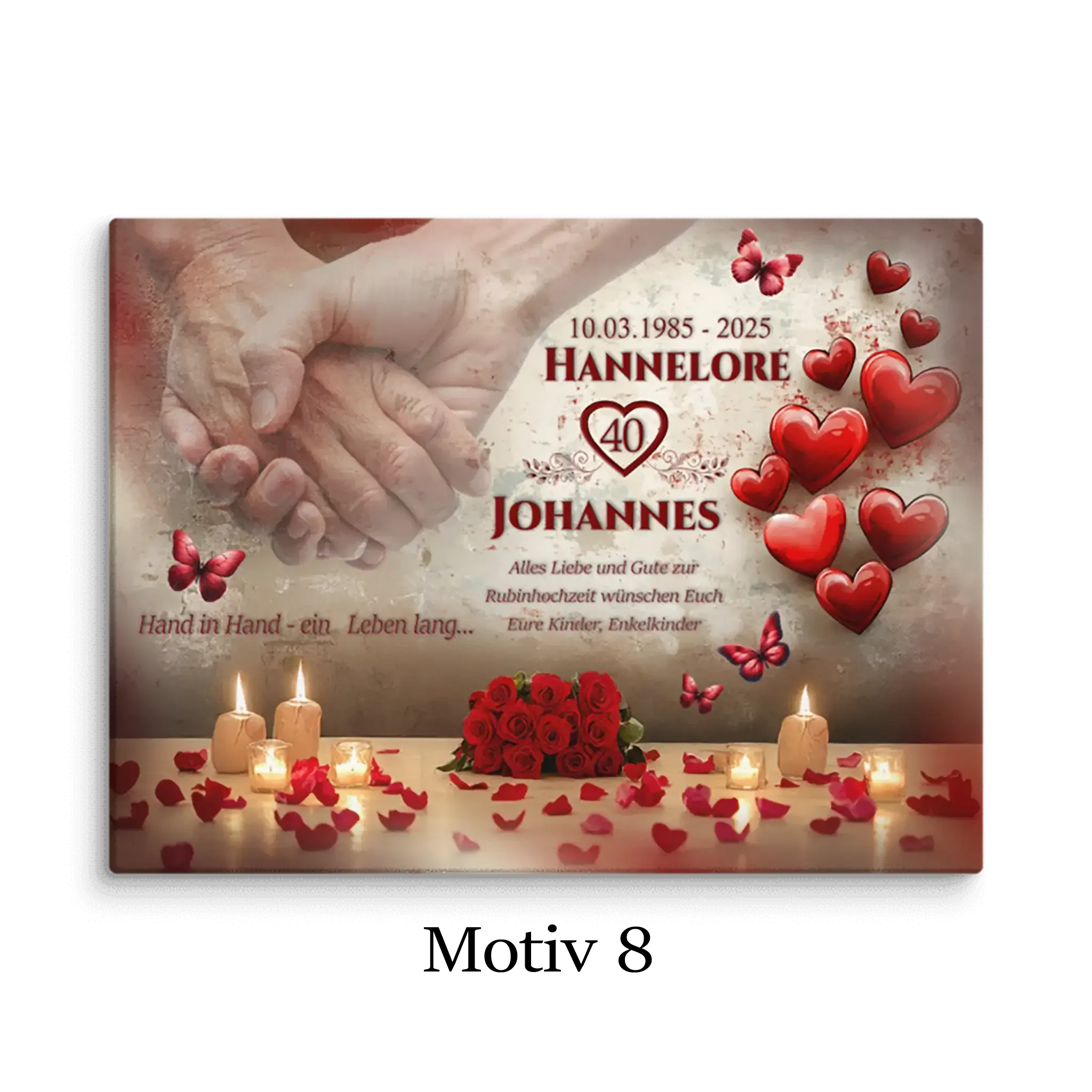 Leinwand Rubinhochzeit mit Händchen haltendem Paar, roten Herzen, Rosen, Kerzen und Schmetterlingen
