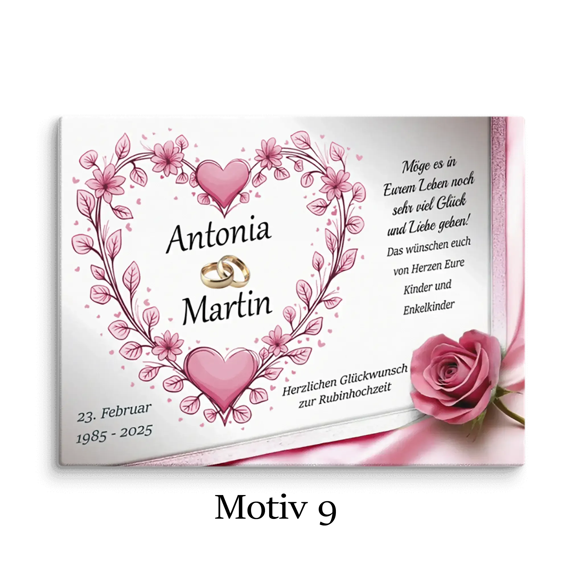 Rubinhochzeit Leinwand mit rosa Herzen, Blumen, Ringen und Rose, personalisiert mit Namen