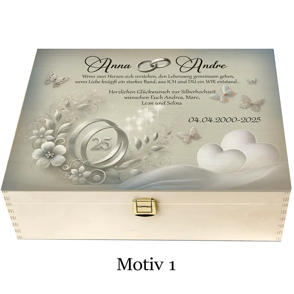 Personalisierte Holzbox Silberhochzeit Motiv 1 mit Blumen, Ringen, Schmetterlingen und Herzen