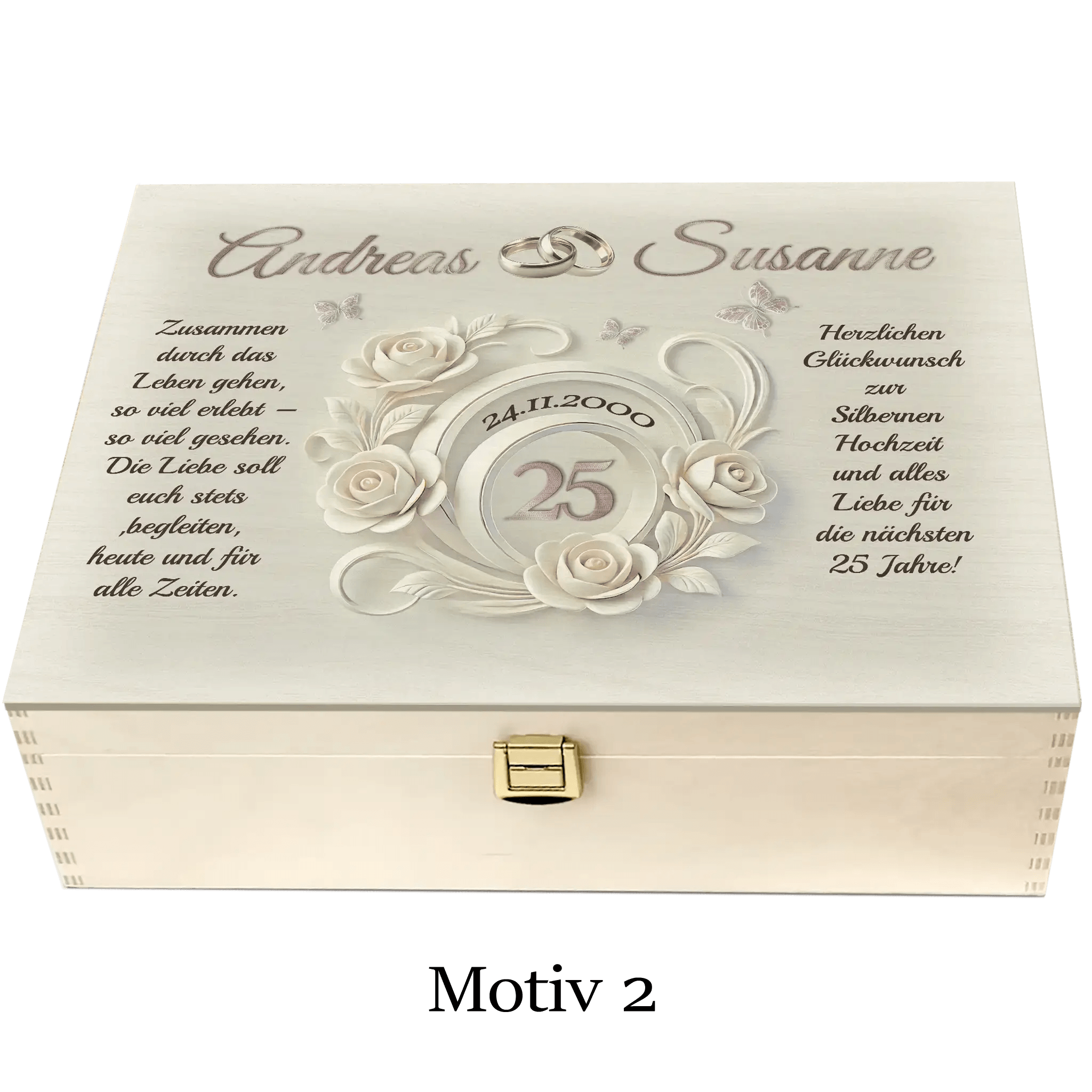 Holzbox zur Silberhochzeit mit Blumen, Gravur, Eheringen und Widmung, Motiv 2
