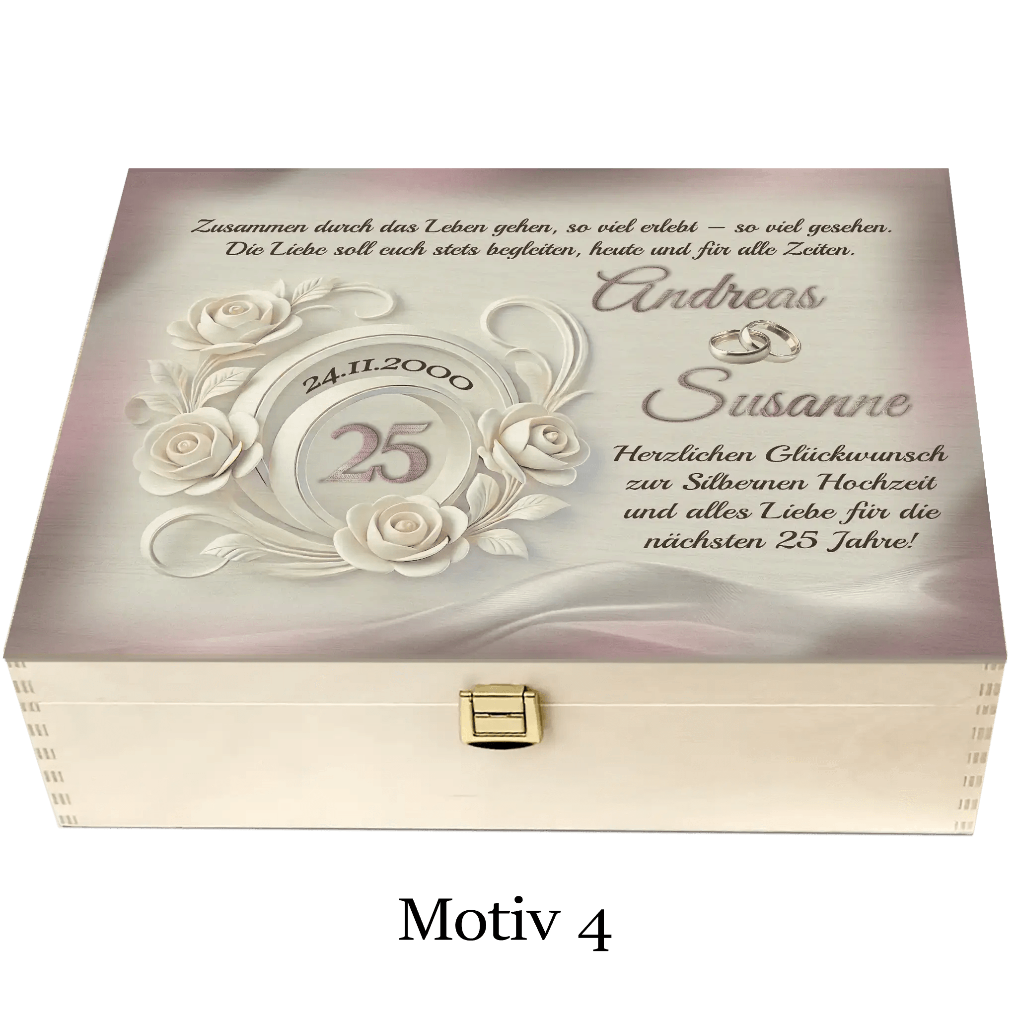 Holzbox mit Gravur zur Silberhochzeit, Rosenmotiv, Hochzeitstag, Namen und Glückwünschen
