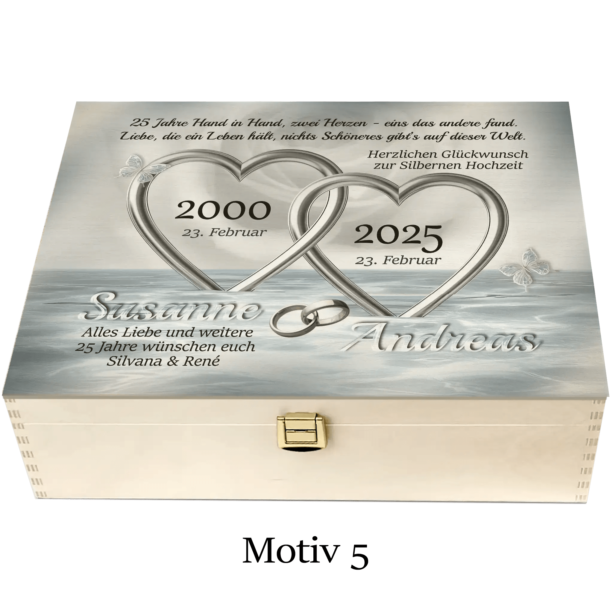 Holzbox zur Silberhochzeit mit gravierten Herzen, Jubildatum, Namen und Deko-Elementen