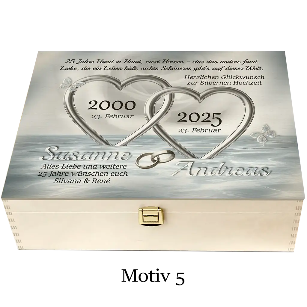Holzbox zur Silberhochzeit mit gravierten Herzen, Jubildatum, Namen und Deko-Elementen