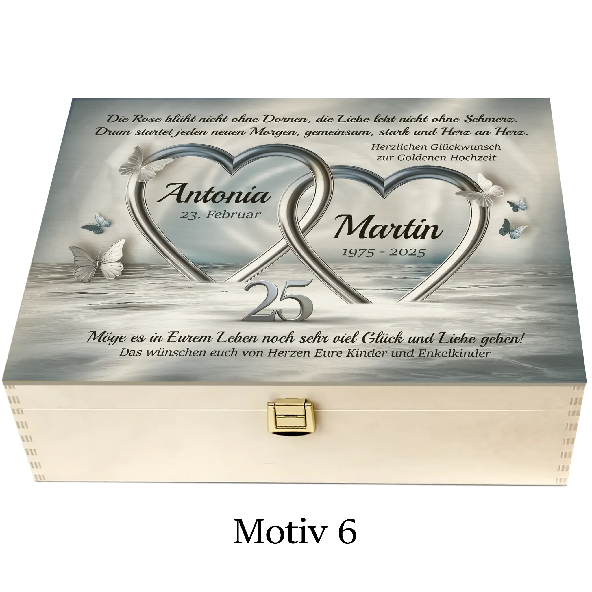 Holzbox Silberhochzeit Motiv 6 mit verschlungenen Herzen, Schmetterlingen und Gravur