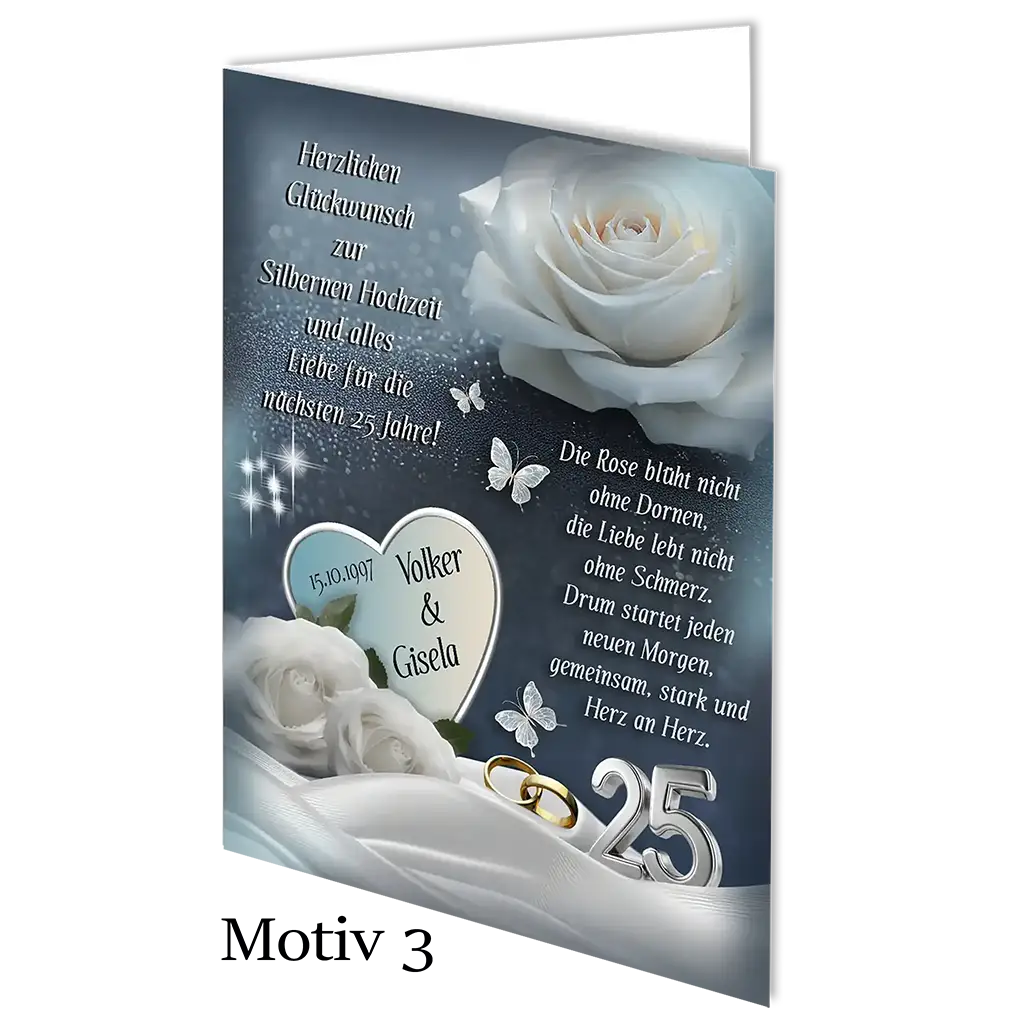 Silberhochzeit Karte mit weißen Rosen, Schmetterlingen, Eheringen und Zahl 25, Motiv 3