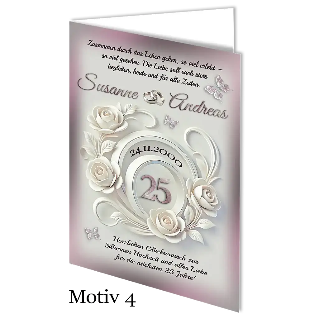 Silberhochzeit Karte Motiv 4 mit weißen Rosen, Eheringen, Schmetterlingen und Zahl 25