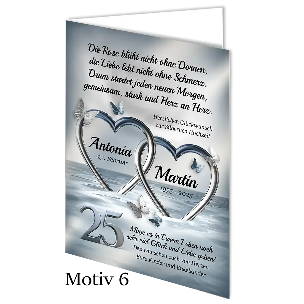 Silberhochzeit Karte mit zwei silbernen Herzen, Schmetterlingen und Glückwünschen, Motiv 6