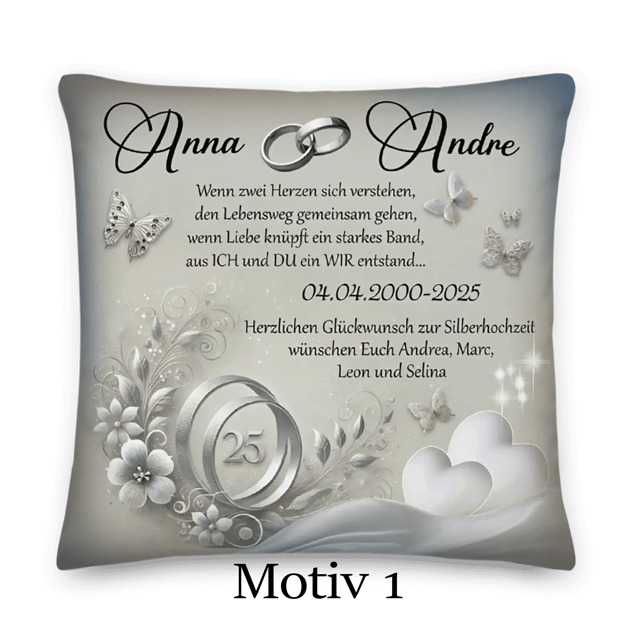 Kissen zur Silberhochzeit mit Ringen, Blumen, Schmetterlingen und Widmung, Motiv Silberhochzeit