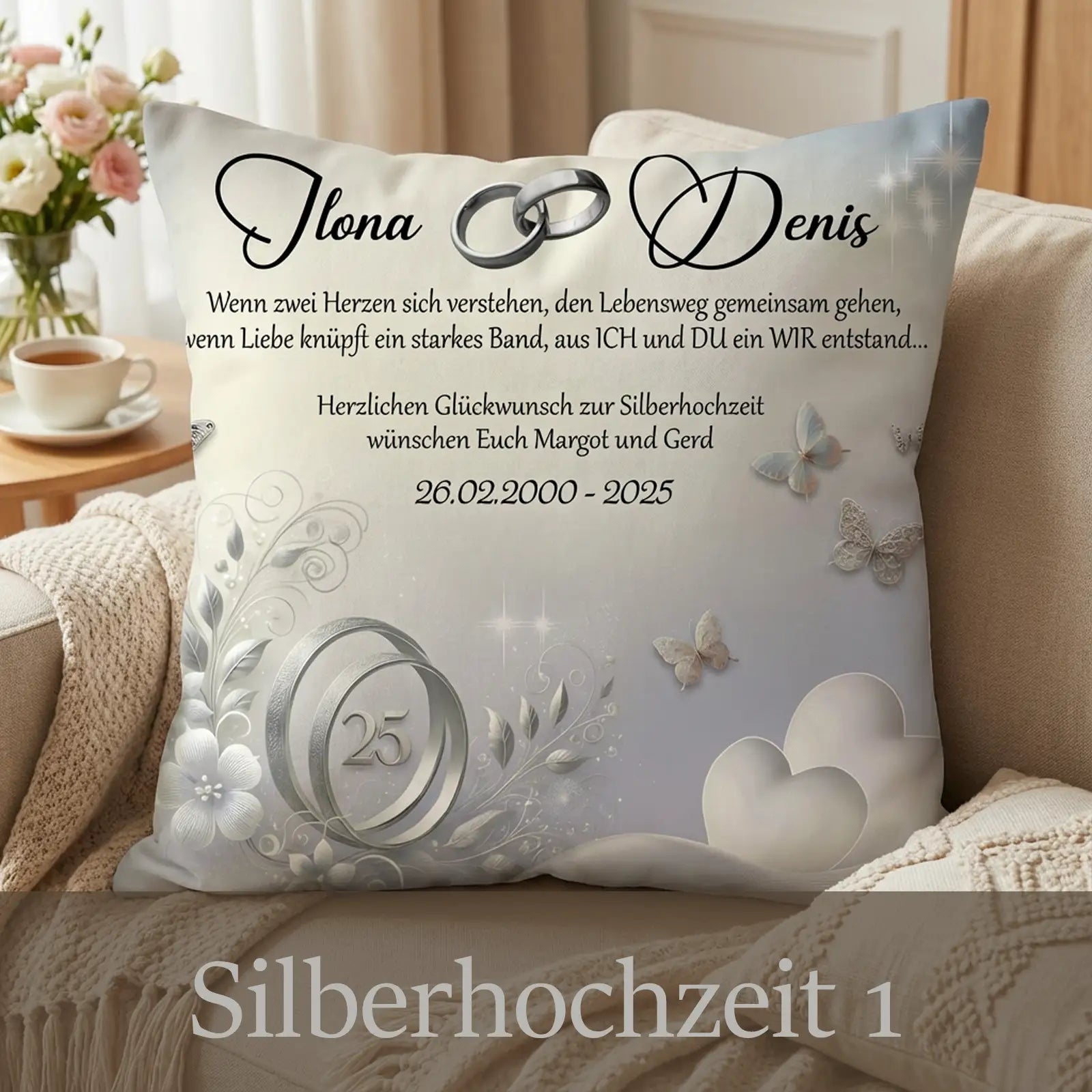 Kissen zur Silberhochzeit mit Ringen, Blumen, Schmetterlingen und Widmung, Motiv Silberhochzeit
