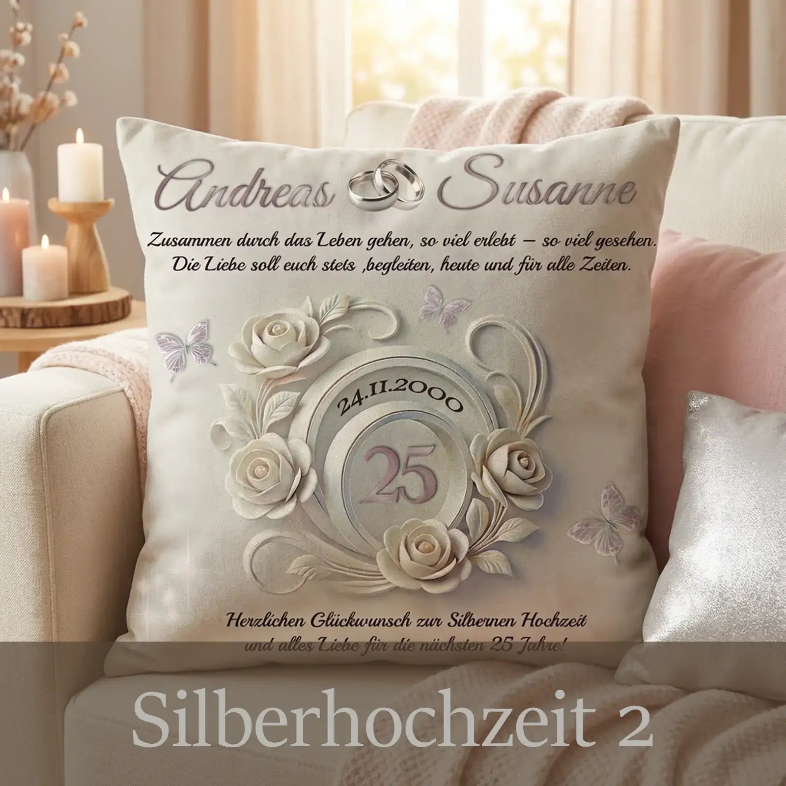Dekokissen Silberhochzeit mit weißen Rosen, Eheringen, Datum und Zahl 25 als Jubiläumsgeschenk