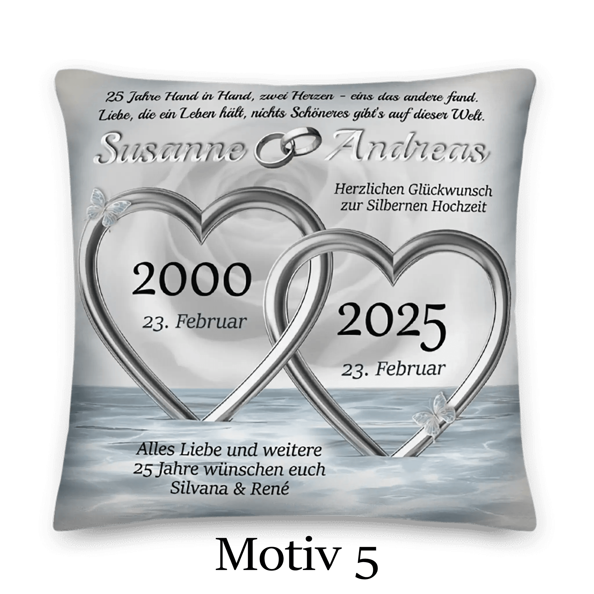 Silberhochzeit Kissen mit silbernen Herzen, Namen, Daten und Glückwunsch-Text, Motiv 5