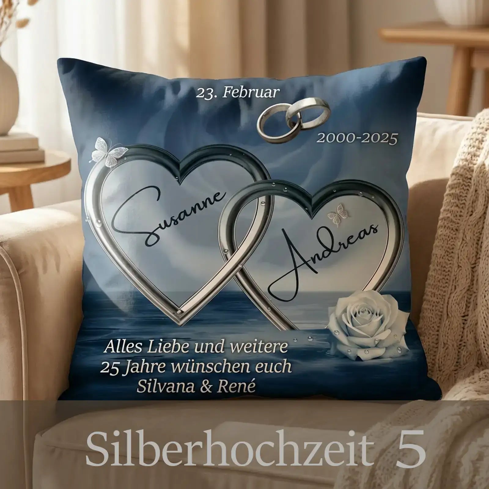 Silberhochzeit Kissen mit silbernen Herzen, Namen, Daten und Glückwunsch-Text, Motiv 5