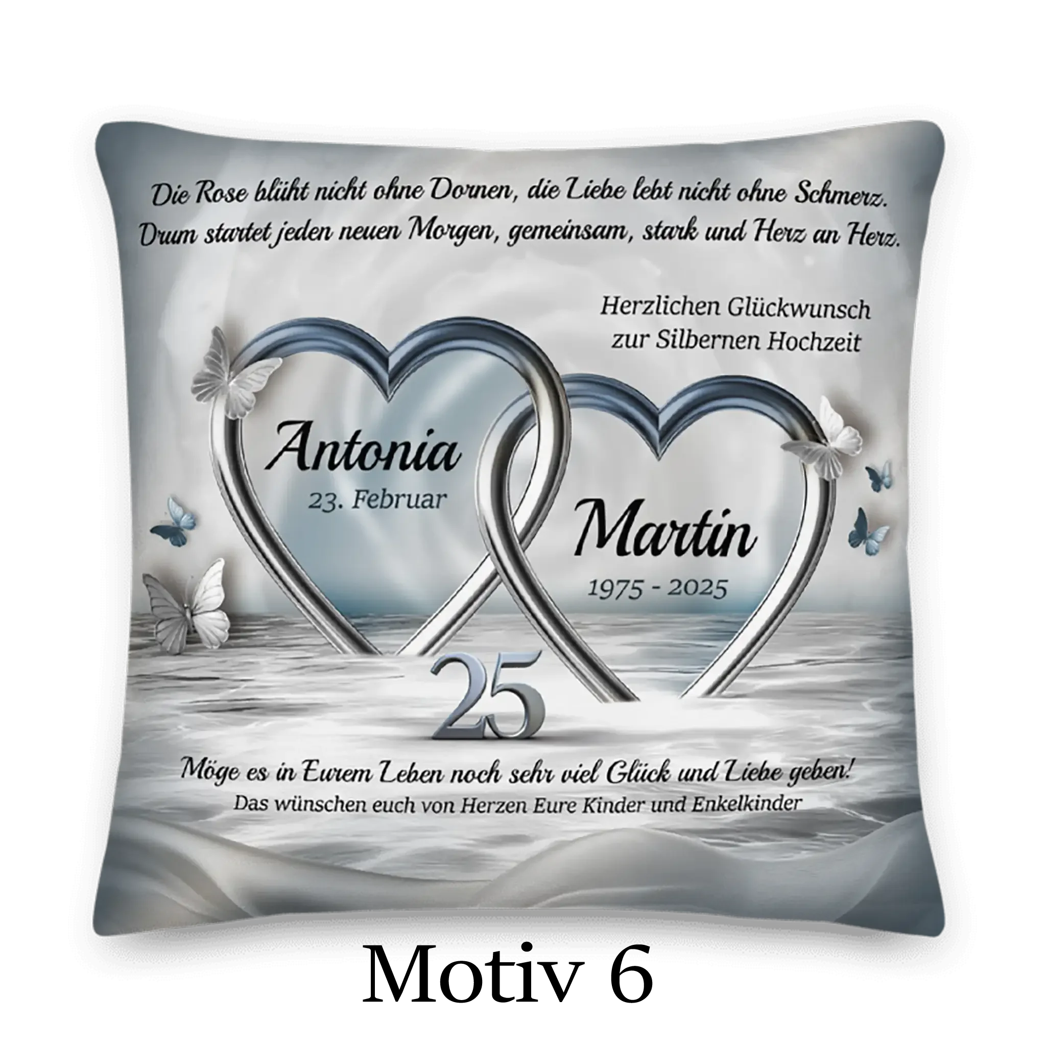 Dekokissen Silberhochzeit mit zwei silbernen Herzen, Schmetterlingen und Jubiläumsschriftzug