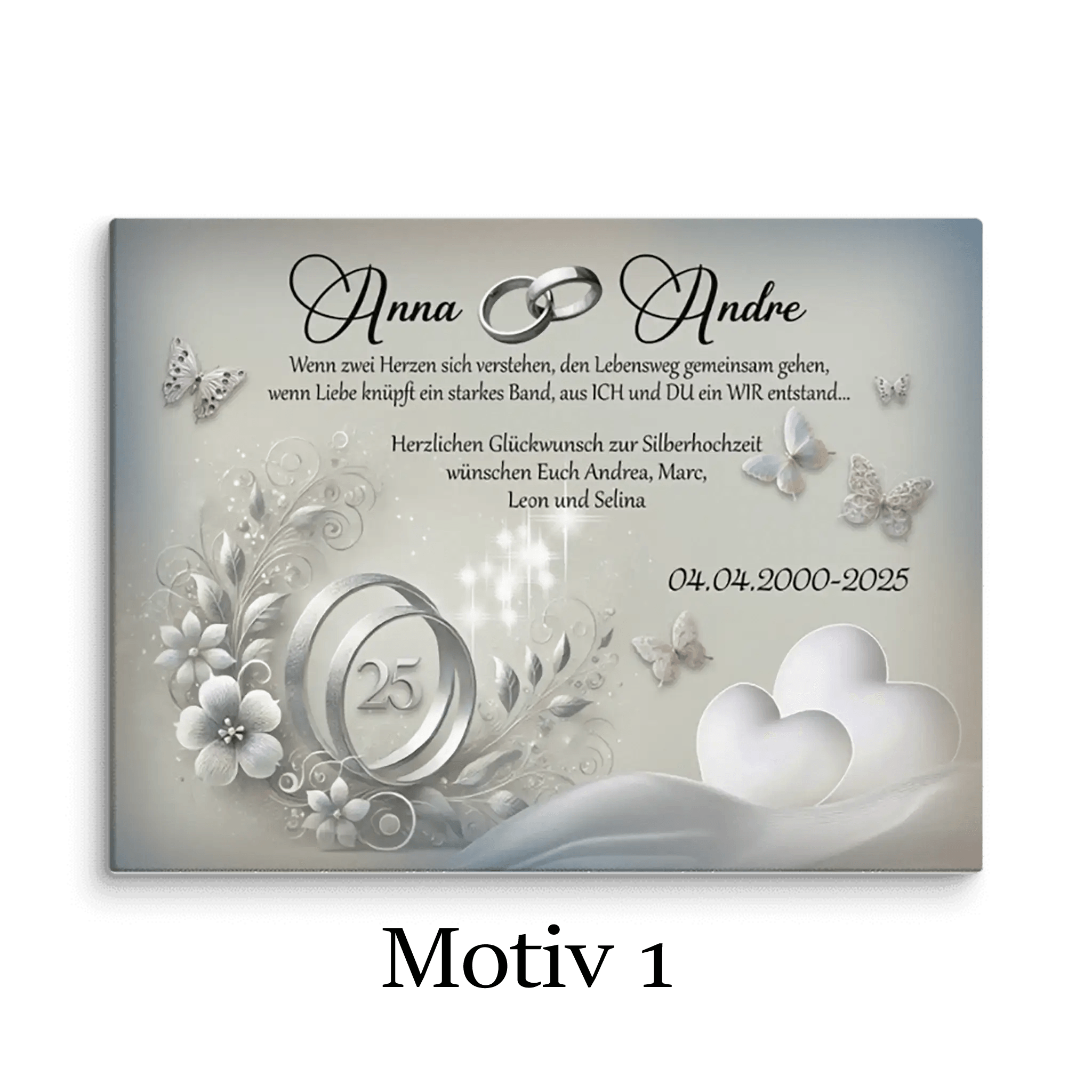 Silberhochzeit Leinwand mit Blumen, Schmetterlingen, Ringen und Zahl 25 in Silber-Optik