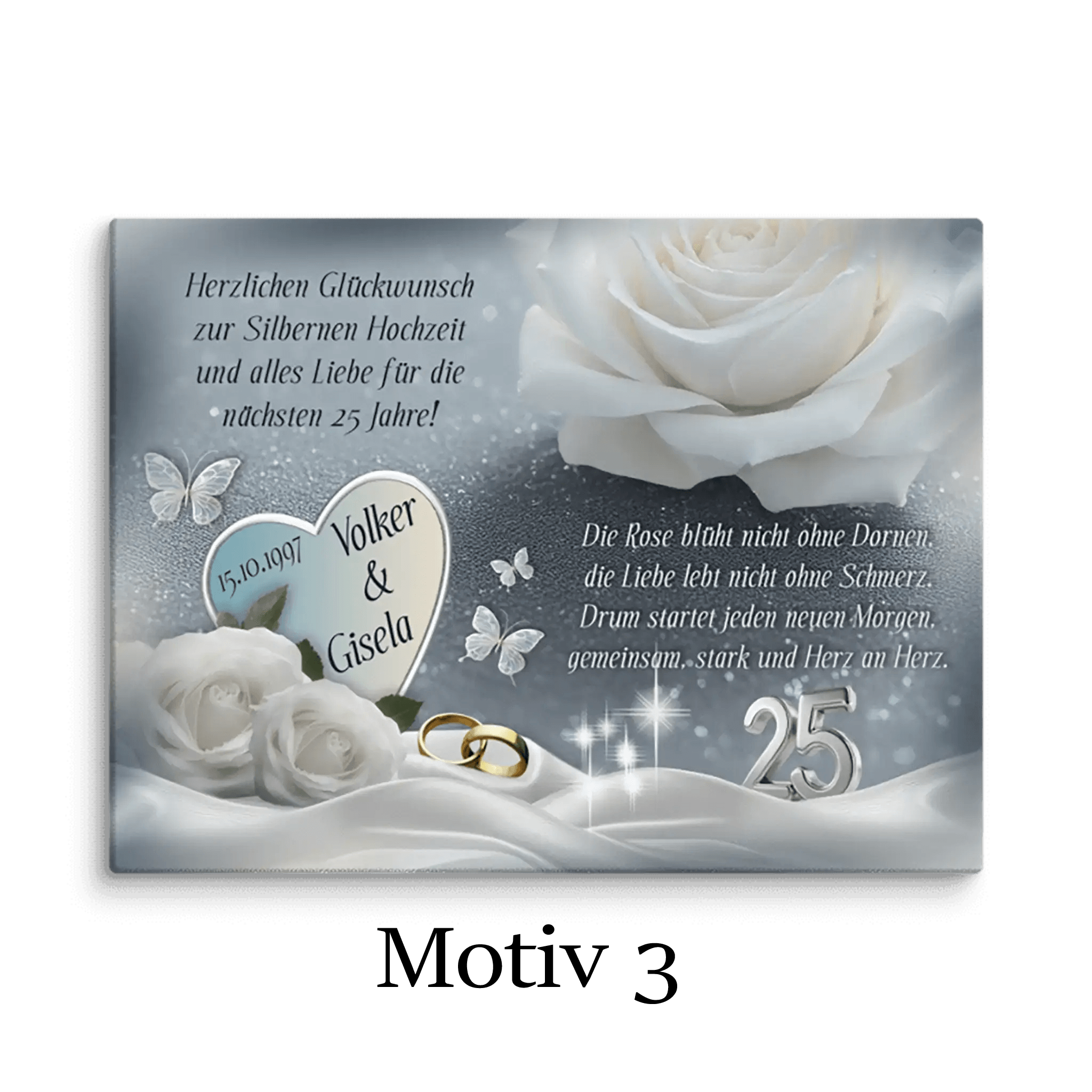 Leinwand Silberhochzeit mit weißen Rosen, silbernen Ringen, Schmetterlingen und Zahl 25
