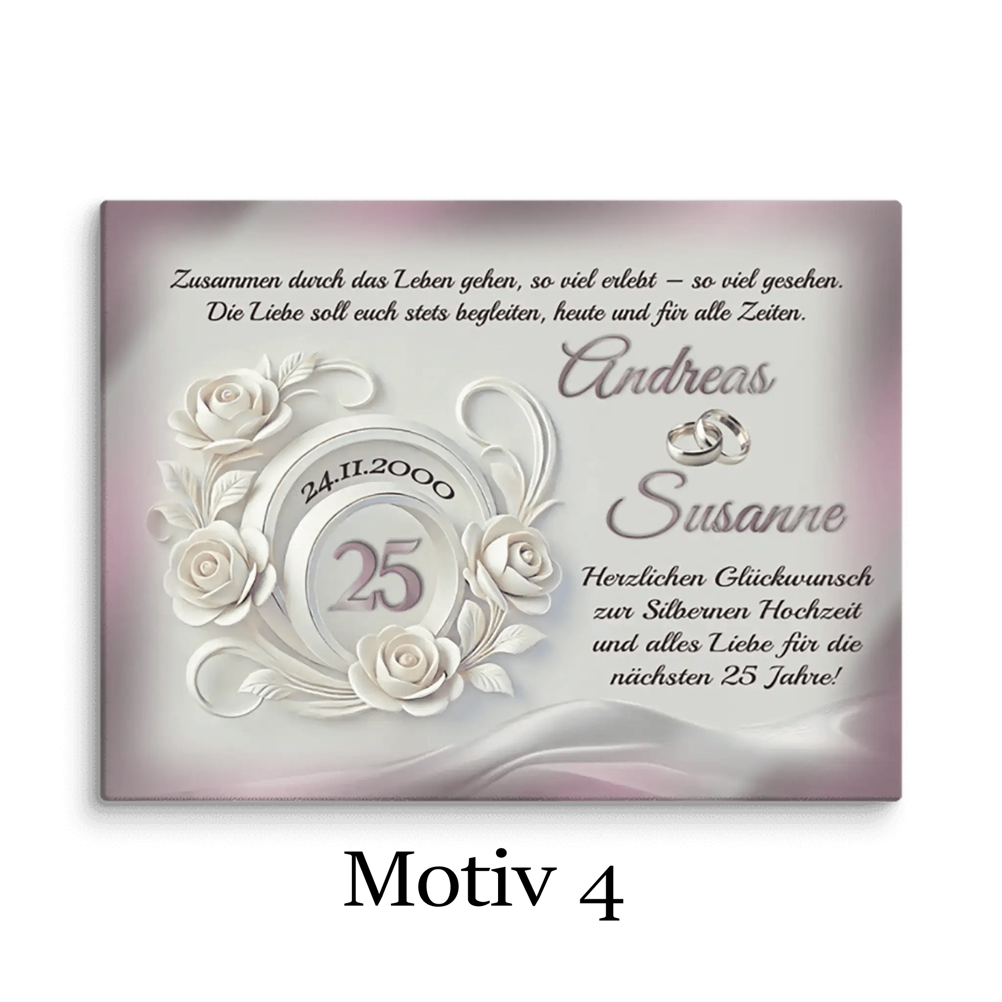 Leinwand Silberhochzeit Motiv mit weißen Rosen, Eheringen und Schrift für 25 Jahre Ehejubiläum