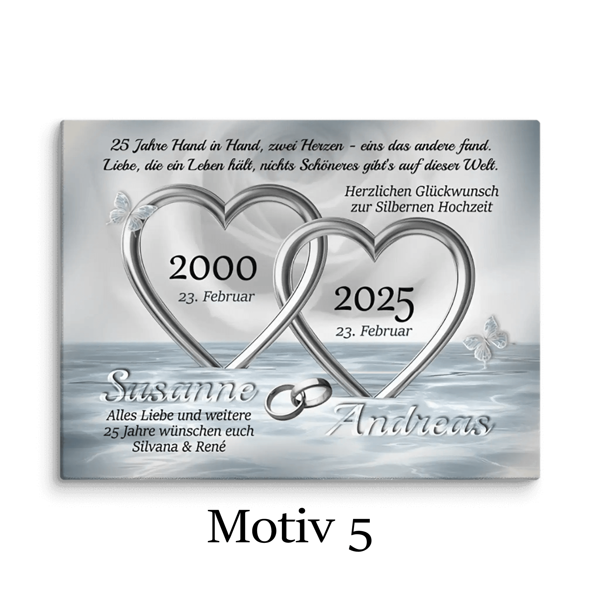 Leinwand Silberhochzeit Motiv 5 mit zwei silbernen Herzen, Wasser, Schmetterlingen und Widmung.