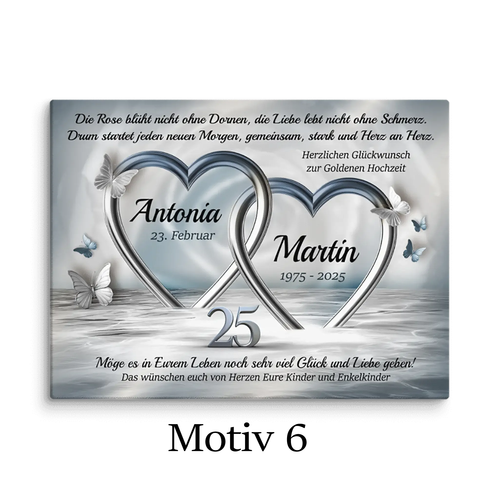Silberhochzeit Leinwand mit zwei silbernen Herzen, Schmetterlingen und persönlichem Textmotiv