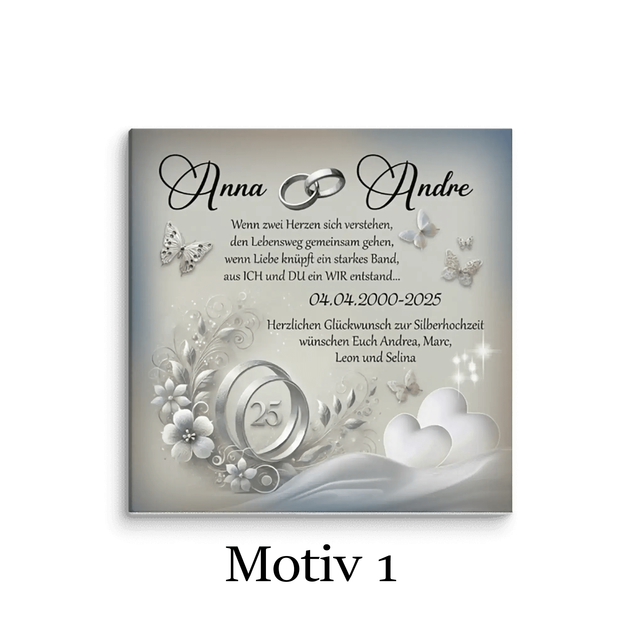 Leinwand zur Silberhochzeit mit silbernen Ringen, Blumen, Schmetterlingen und Herzmotiven
