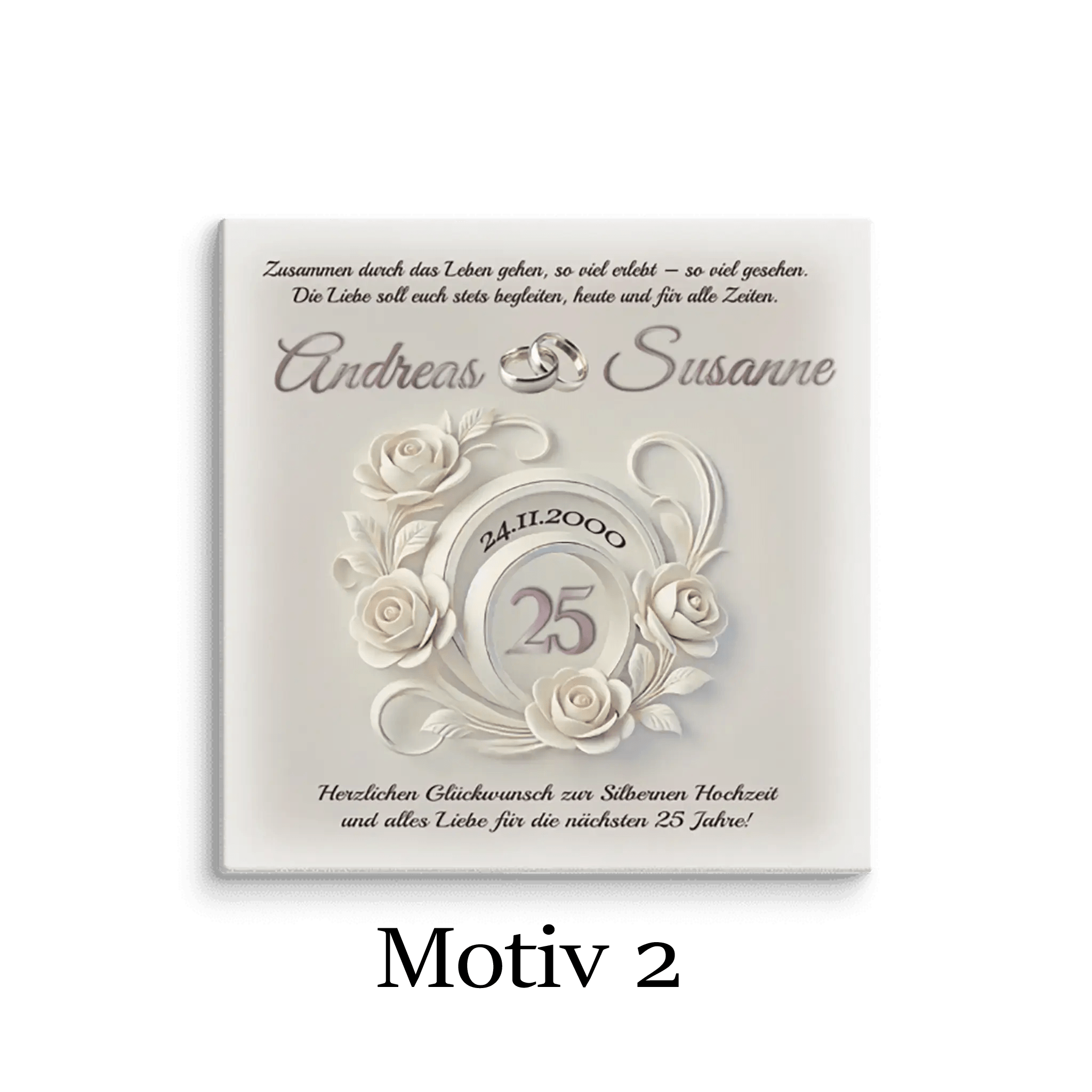 Silberhochzeit Leinwand mit Rosenmotiv, Eheringen und Jubiläumsdatum, Motiv 2